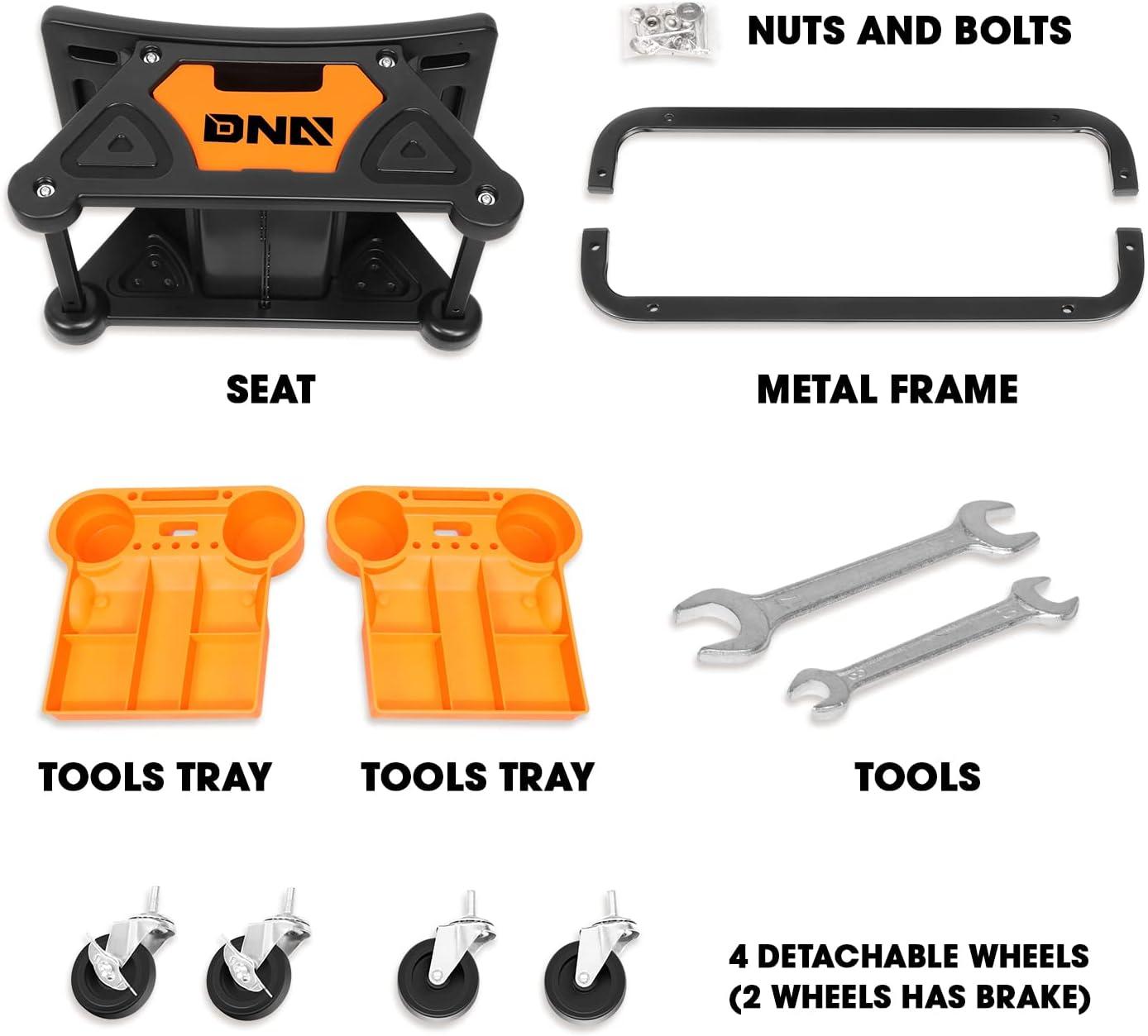 imageDNA Motoring TOOLS00189 Mechanic Stool  2512quot x 13quot x 12quot L x H x W Rolling Work Seat wLockable Swivel Wheels and Storage Tool TrayORANGE