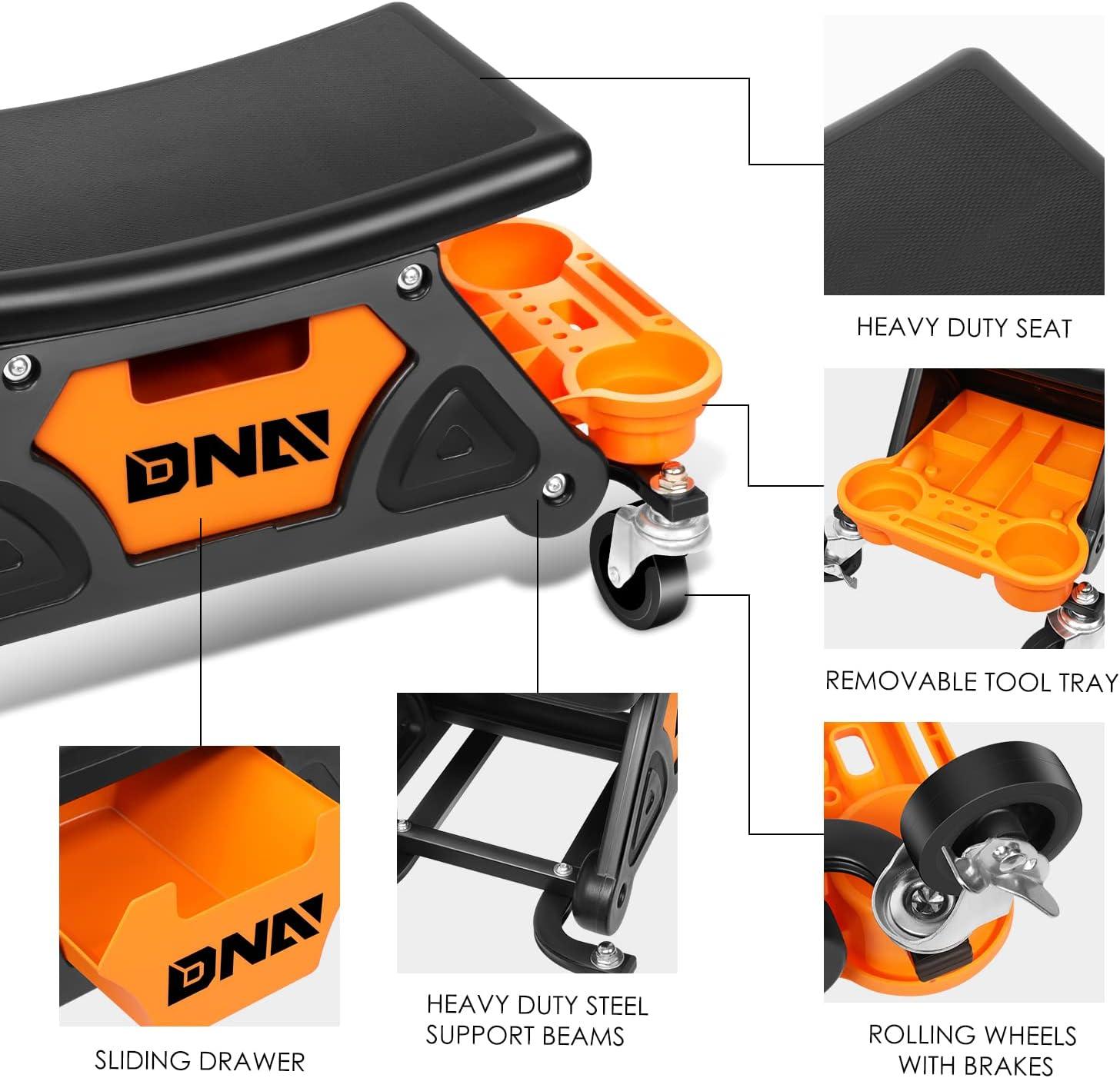 imageDNA Motoring TOOLS00189 Mechanic Stool  2512quot x 13quot x 12quot L x H x W Rolling Work Seat wLockable Swivel Wheels and Storage Tool TrayORANGE