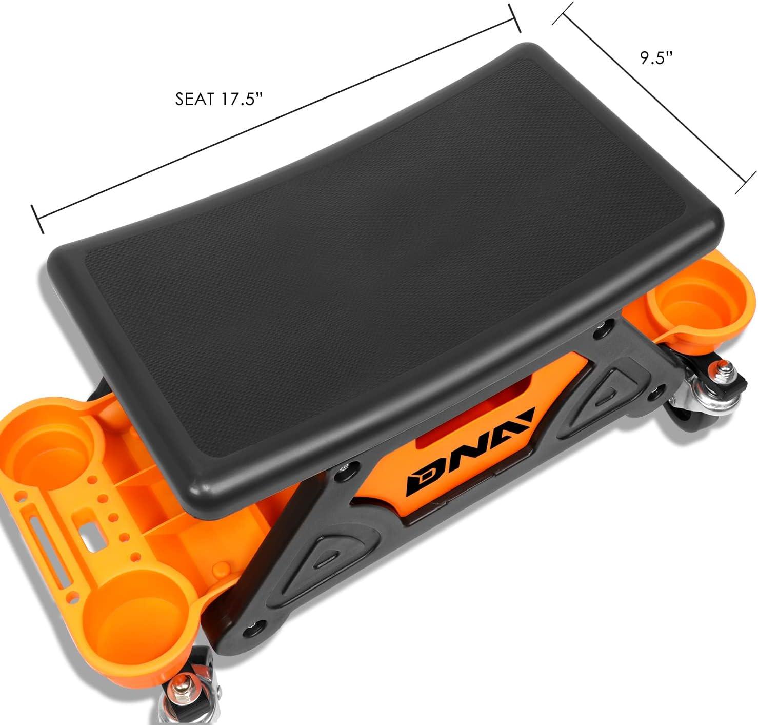 imageDNA Motoring TOOLS00189 Mechanic Stool  2512quot x 13quot x 12quot L x H x W Rolling Work Seat wLockable Swivel Wheels and Storage Tool TrayORANGE
