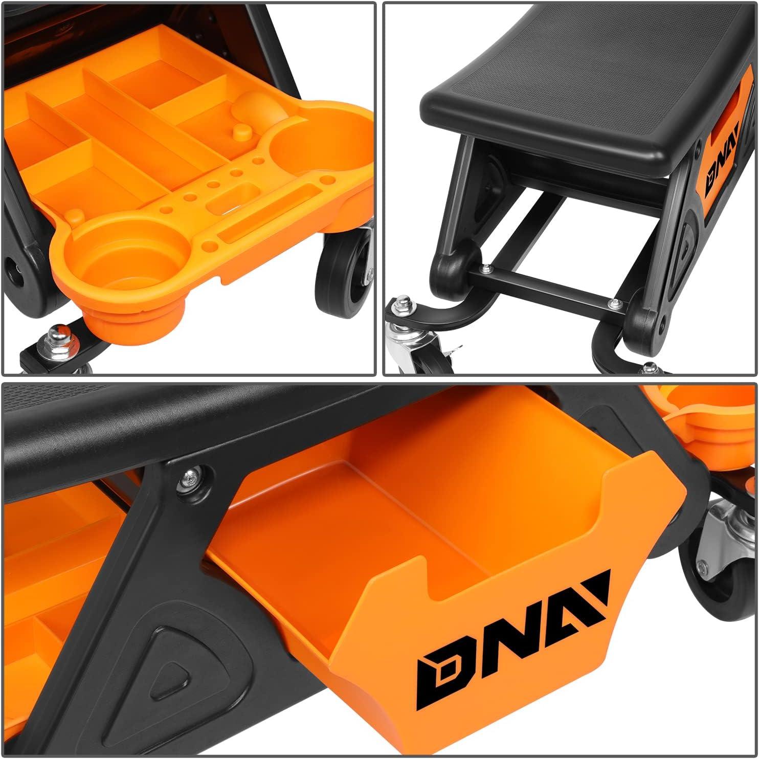 imageDNA Motoring TOOLS00189 Mechanic Stool  2512quot x 13quot x 12quot L x H x W Rolling Work Seat wLockable Swivel Wheels and Storage Tool TrayORANGE