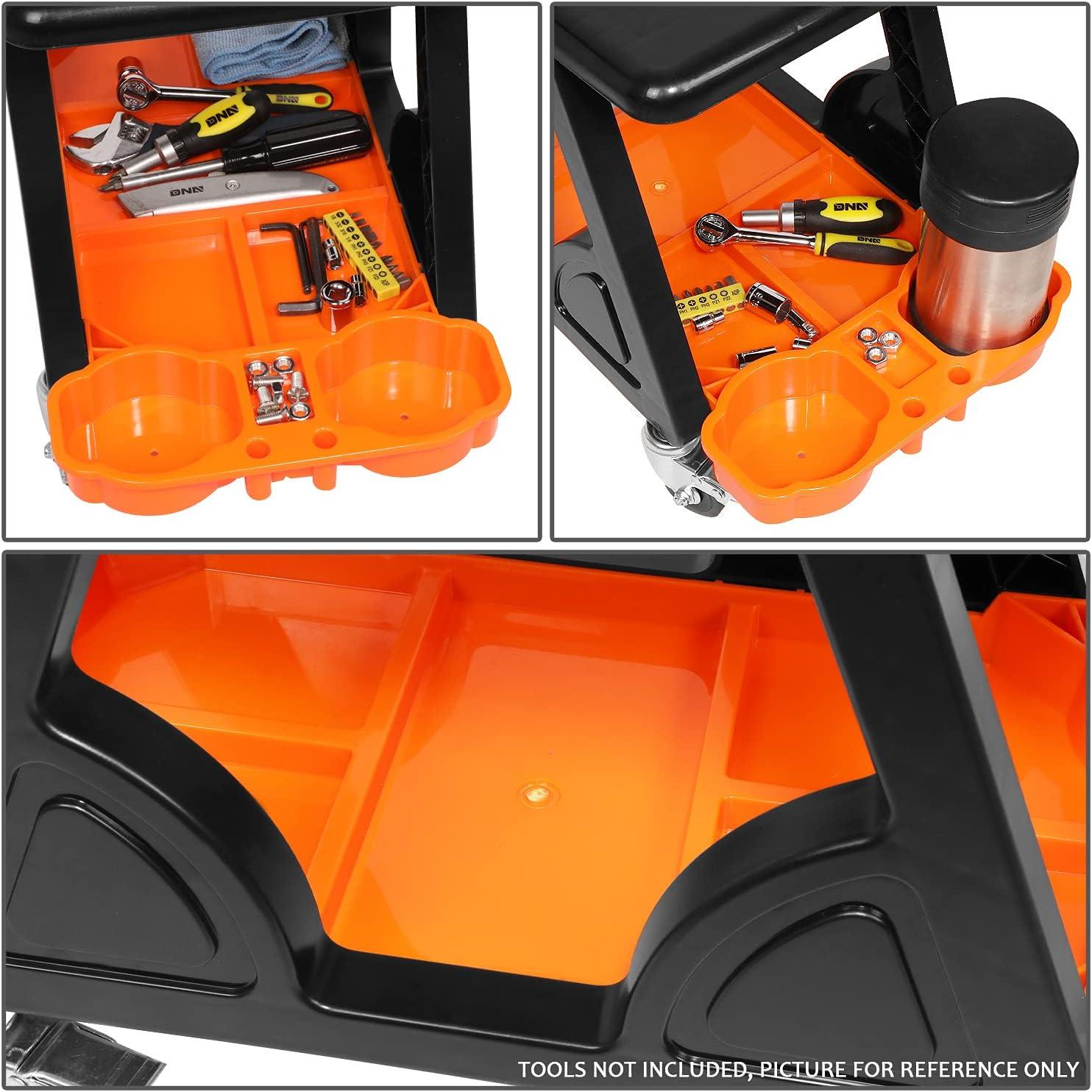 imageDNA Motoring TOOLS00189 Mechanic Stool  2512quot x 13quot x 12quot L x H x W Rolling Work Seat wLockable Swivel Wheels and Storage Tool TrayORANGEBLACK