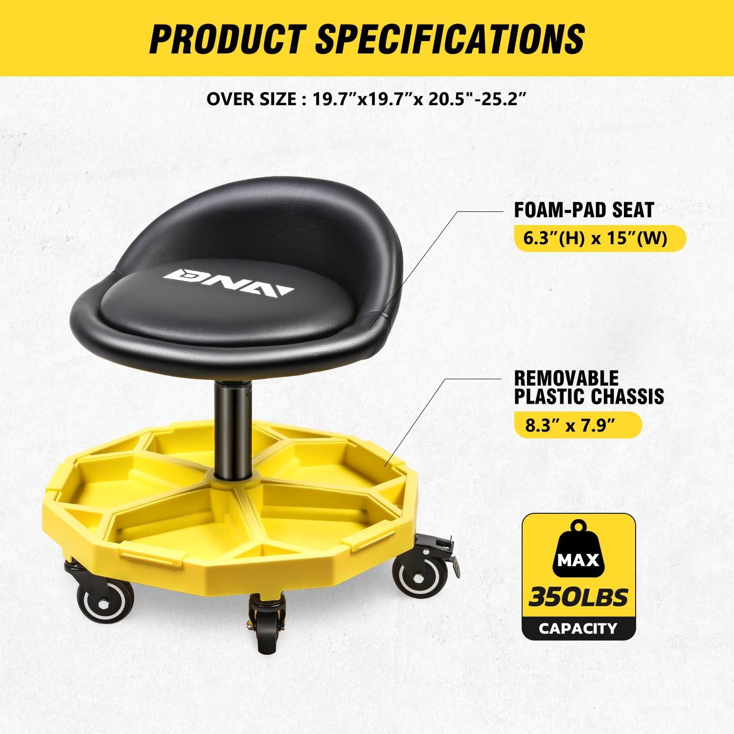 imageDNA Motoring TOOLS00189 Mechanic Stool  2512quot x 13quot x 12quot L x H x W Rolling Work Seat wLockable Swivel Wheels and Storage Tool TrayYellow