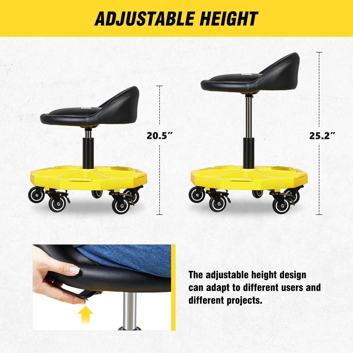 imageDNA Motoring TOOLS00189 Mechanic Stool  2512quot x 13quot x 12quot L x H x W Rolling Work Seat wLockable Swivel Wheels and Storage Tool TrayYellow