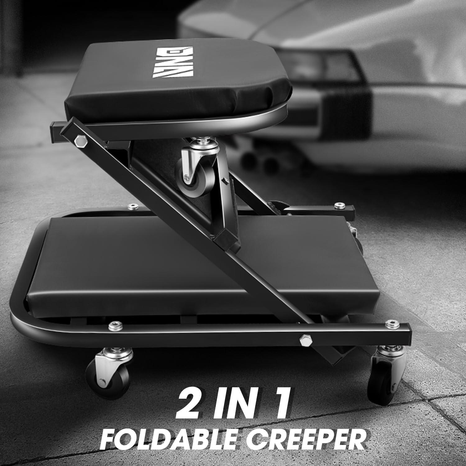 imageDNA Motoring TOOLS00192 48quot 2 IN 1 Folding Rolling Garage Shop Creeper Roller Seat 7 Pcs 2quot Casters 350 Lbs Weight Capacity RedBlack