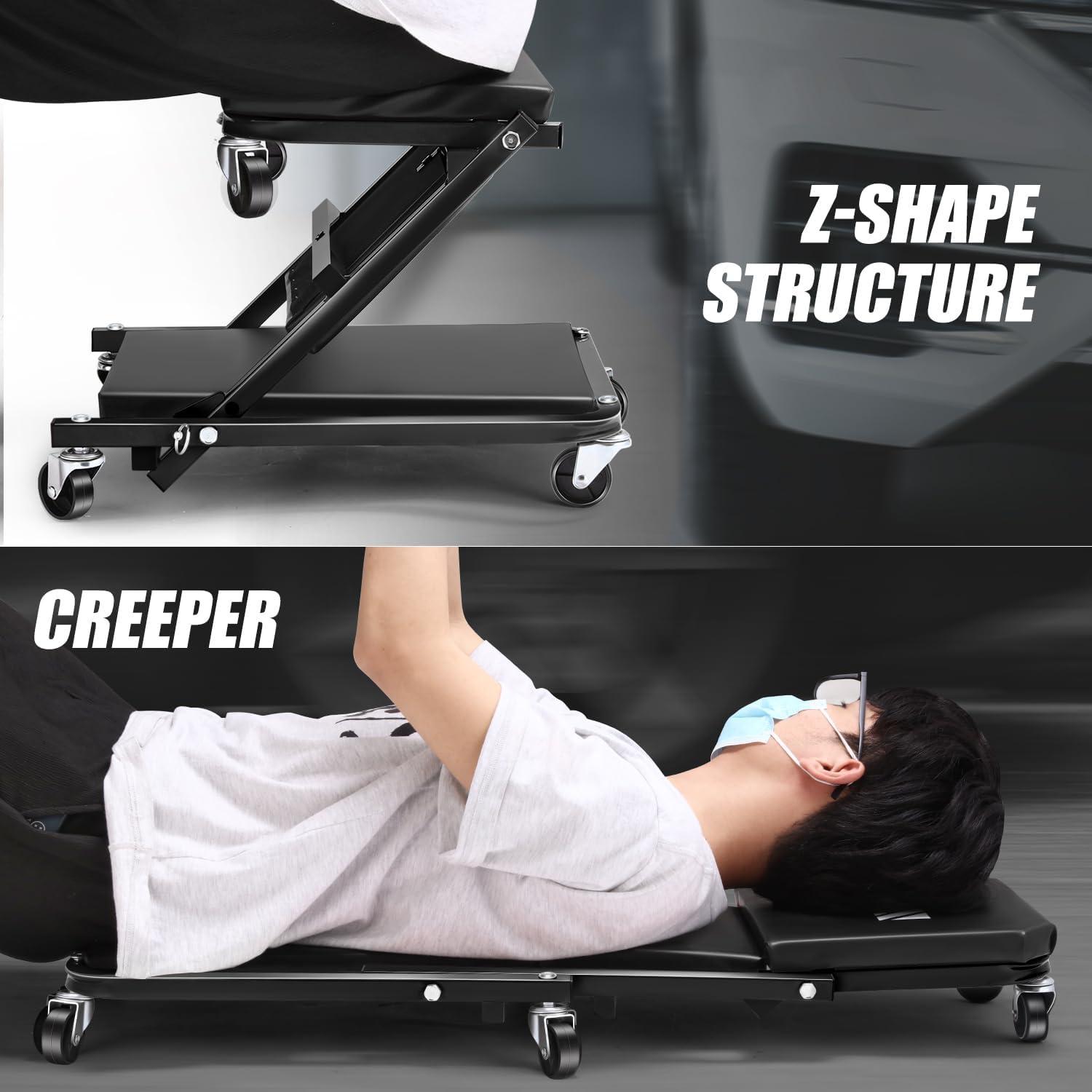 imageDNA Motoring TOOLS00192 48quot 2 IN 1 Folding Rolling Garage Shop Creeper Roller Seat 7 Pcs 2quot Casters 350 Lbs Weight Capacity RedBlack