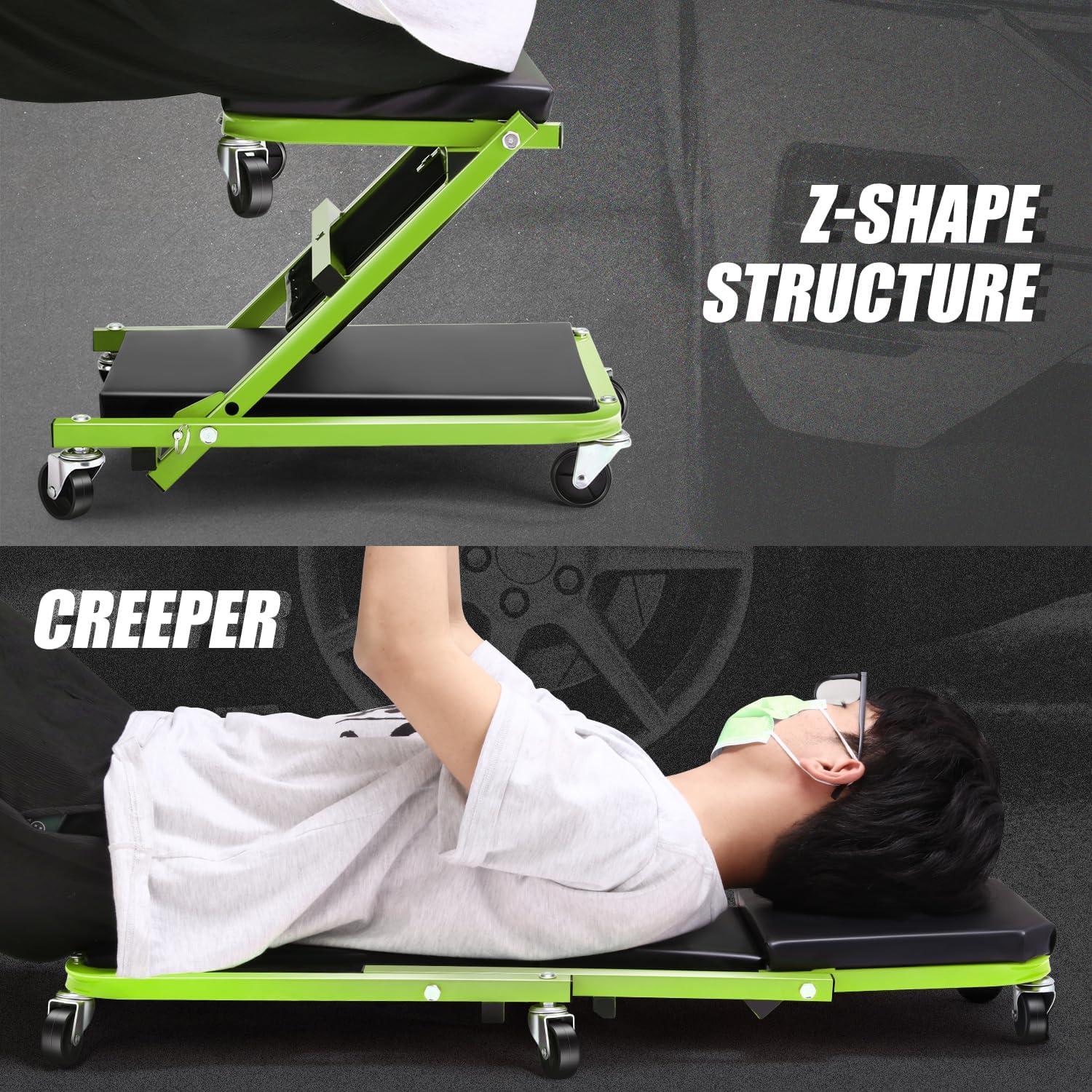 imageDNA Motoring TOOLS00192 48quot 2 IN 1 Folding Rolling Garage Shop Creeper Roller Seat 7 Pcs 2quot Casters 350 Lbs Weight Capacity RedGreen