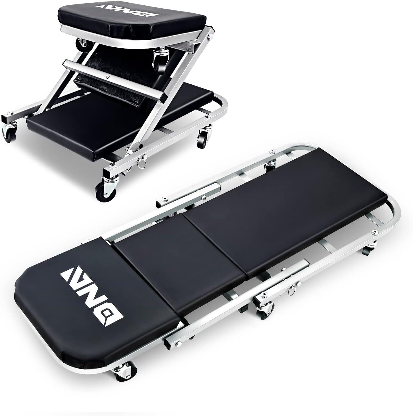 imageDNA Motoring TOOLS00192 48quot 2 IN 1 Folding Rolling Garage Shop Creeper Roller Seat 7 Pcs 2quot Casters 350 Lbs Weight Capacity RedGrey