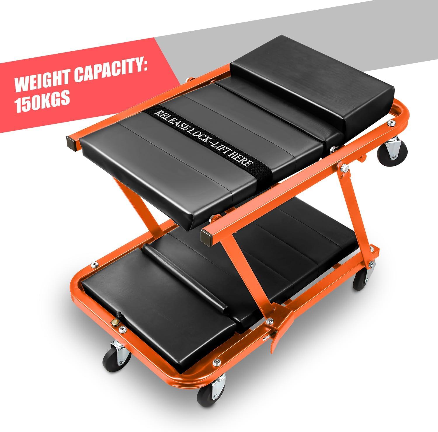 imageDNA Motoring TOOLS00192 48quot 2 IN 1 Folding Rolling Garage Shop Creeper Roller Seat 7 Pcs 2quot Casters 350 Lbs Weight Capacity RedOrange