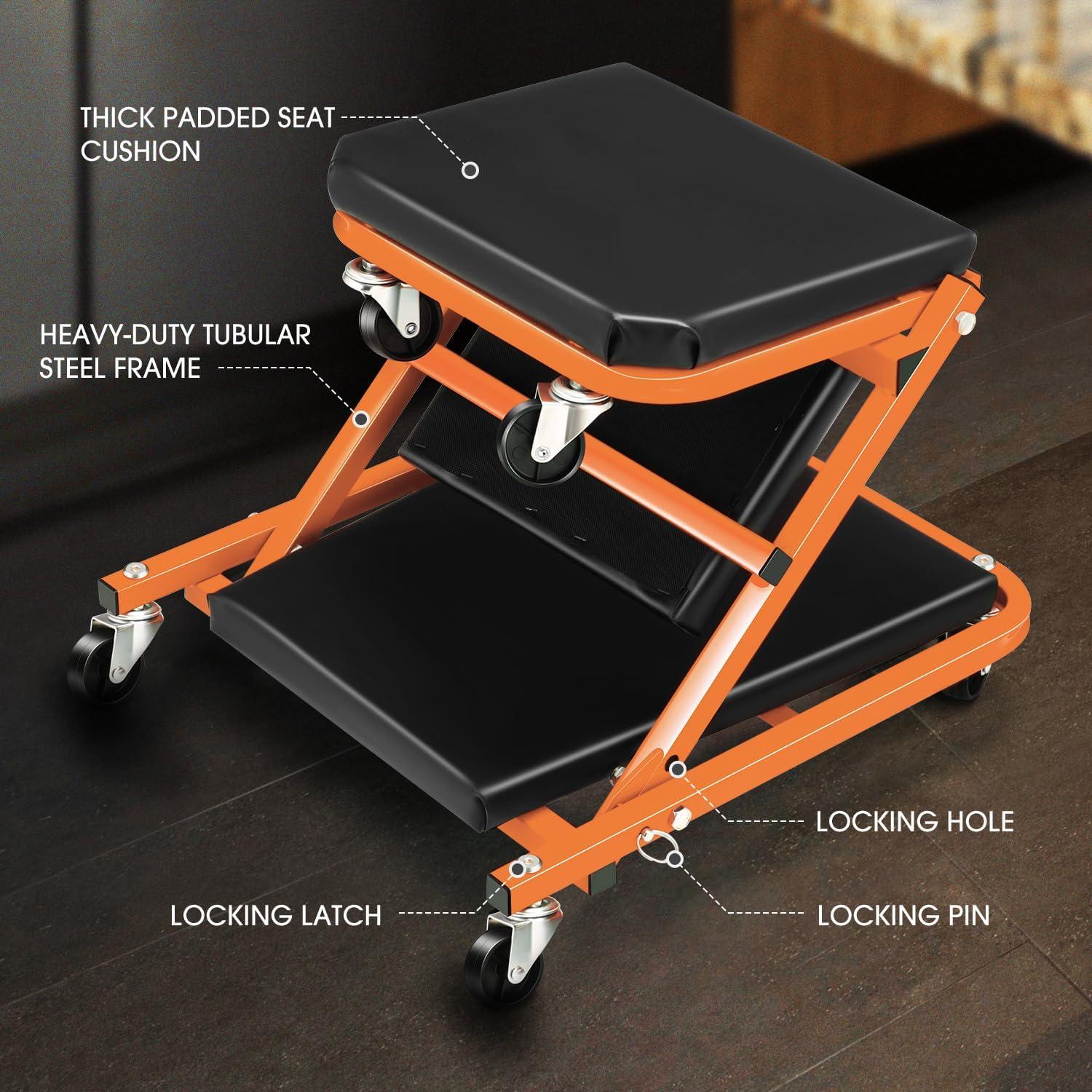 imageDNA Motoring TOOLS00192 48quot 2 IN 1 Folding Rolling Garage Shop Creeper Roller Seat 7 Pcs 2quot Casters 350 Lbs Weight Capacity RedOrange