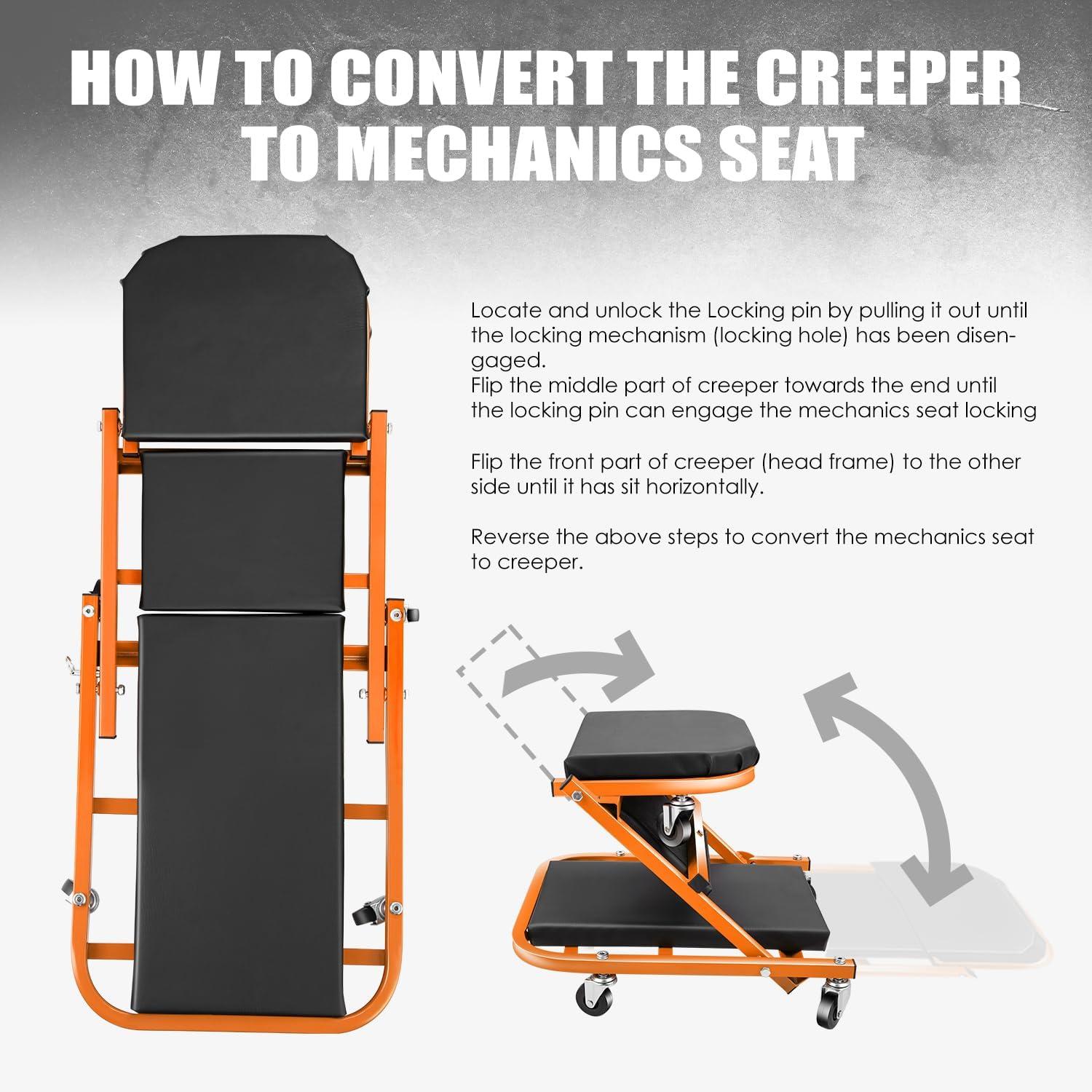 imageDNA Motoring TOOLS00192 48quot 2 IN 1 Folding Rolling Garage Shop Creeper Roller Seat 7 Pcs 2quot Casters 350 Lbs Weight Capacity RedOrange