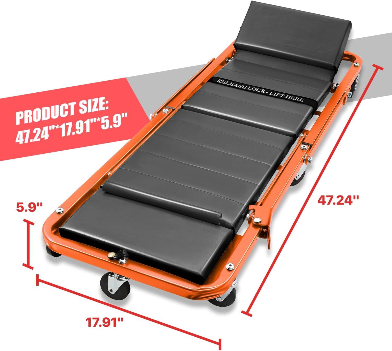 imageDNA Motoring TOOLS00192 48quot 2 IN 1 Folding Rolling Garage Shop Creeper Roller Seat 7 Pcs 2quot Casters 350 Lbs Weight Capacity RedOrange