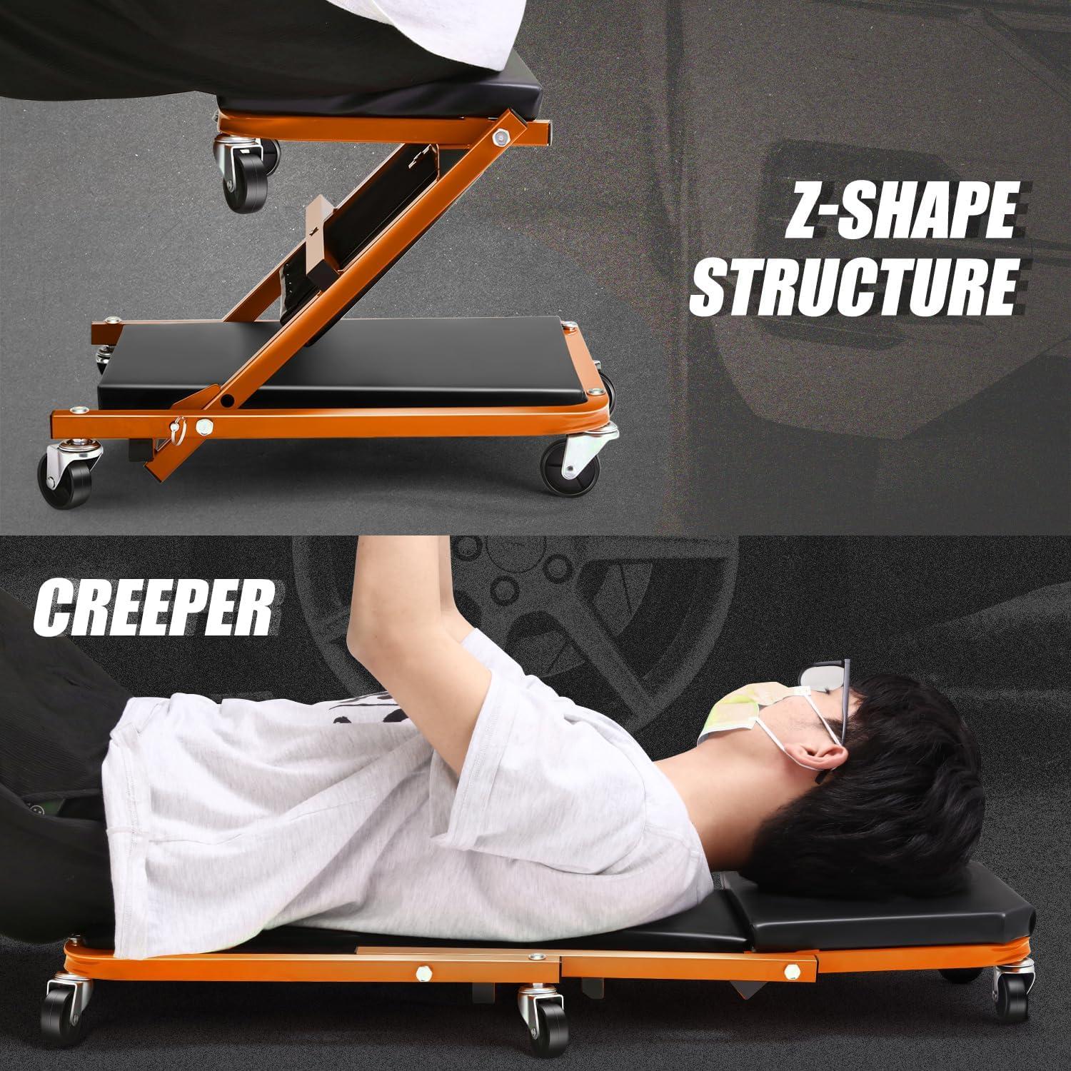 imageDNA Motoring TOOLS00192 48quot 2 IN 1 Folding Rolling Garage Shop Creeper Roller Seat 7 Pcs 2quot Casters 350 Lbs Weight Capacity RedOrange