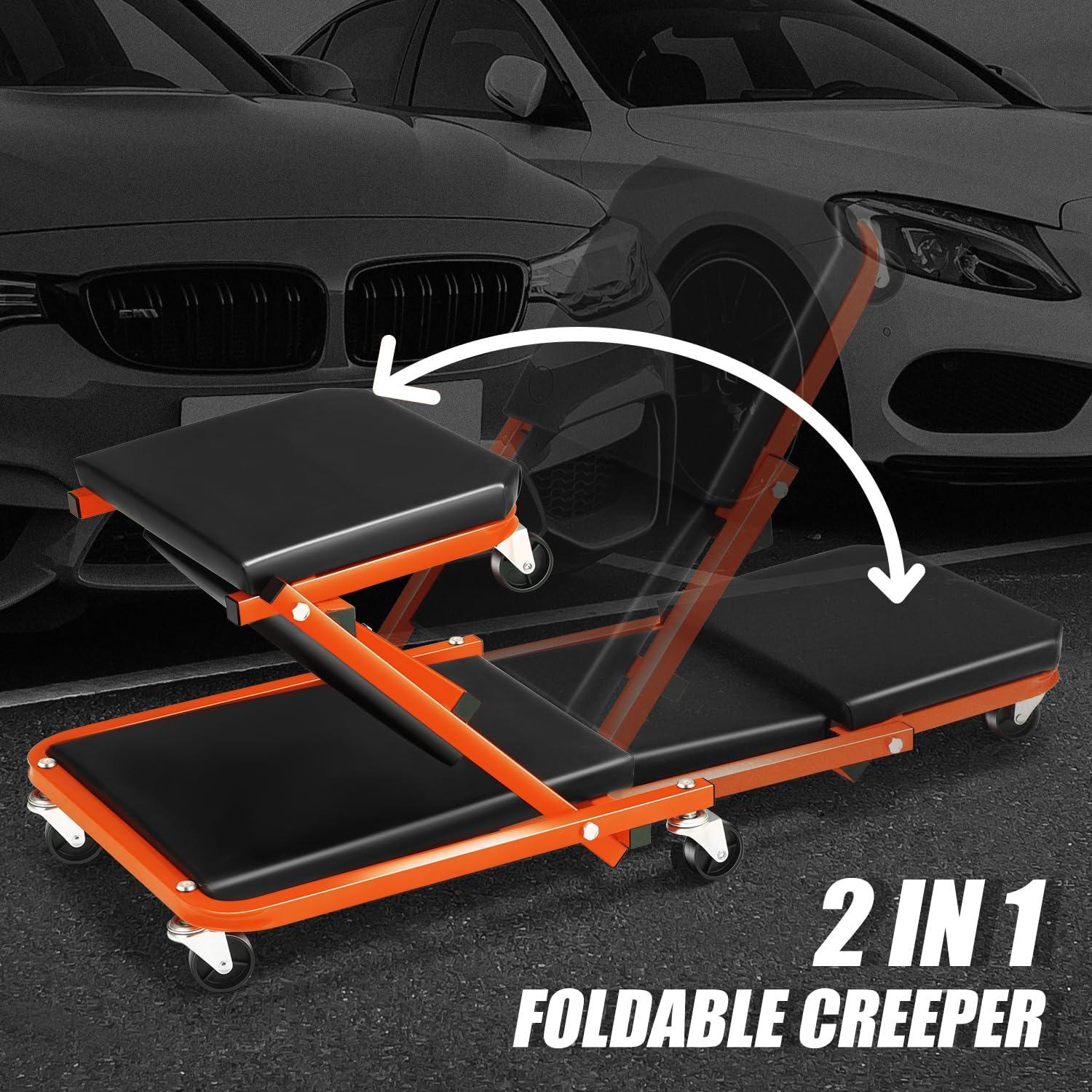 imageDNA Motoring TOOLS00192 48quot 2 IN 1 Folding Rolling Garage Shop Creeper Roller Seat 7 Pcs 2quot Casters 350 Lbs Weight Capacity RedOrange