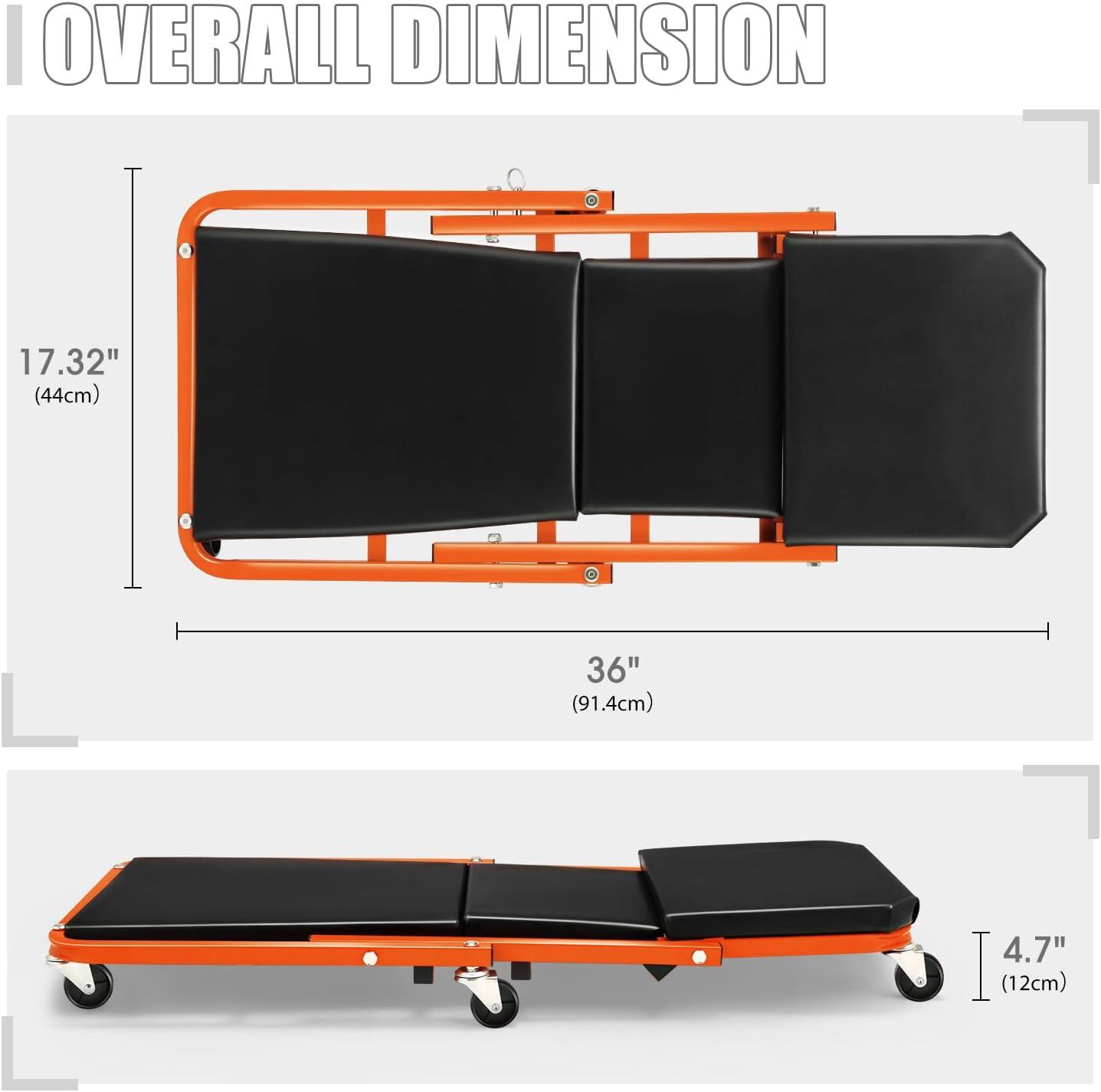 imageDNA Motoring TOOLS00192 48quot 2 IN 1 Folding Rolling Garage Shop Creeper Roller Seat 7 Pcs 2quot Casters 350 Lbs Weight Capacity RedOrange