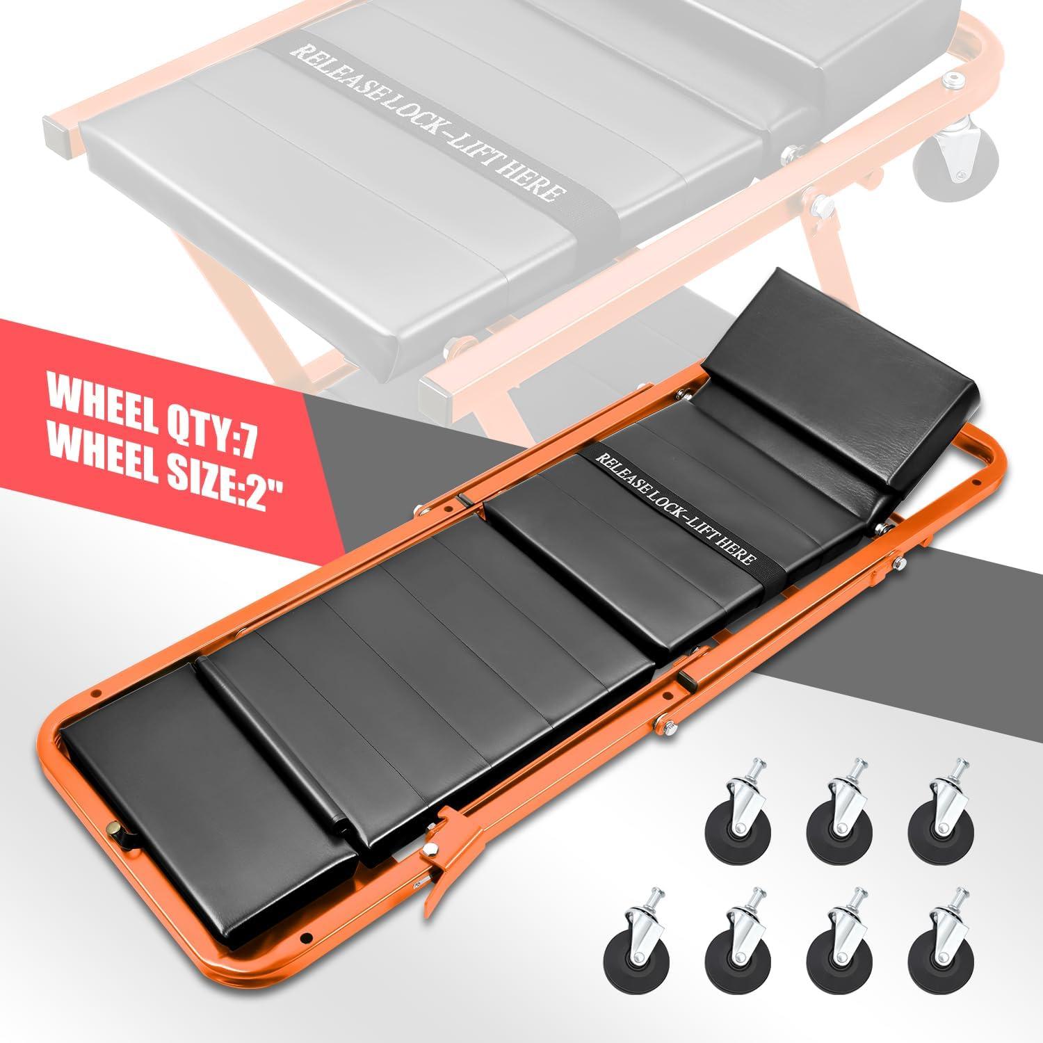 imageDNA Motoring TOOLS00192 48quot 2 IN 1 Folding Rolling Garage Shop Creeper Roller Seat 7 Pcs 2quot Casters 350 Lbs Weight Capacity RedOrange