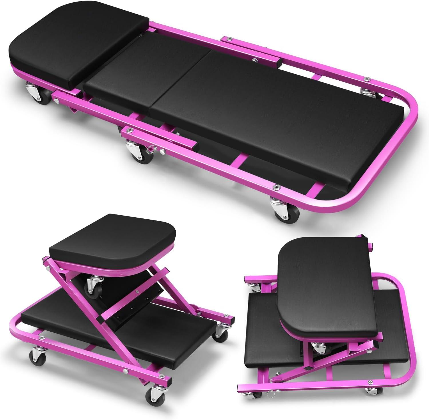 imageDNA Motoring TOOLS00192 48quot 2 IN 1 Folding Rolling Garage Shop Creeper Roller Seat 7 Pcs 2quot Casters 350 Lbs Weight Capacity RedPurple