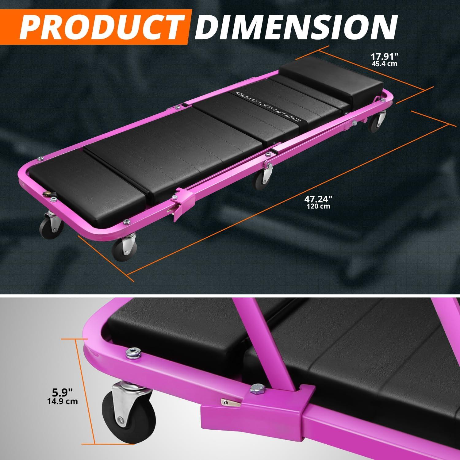 imageDNA Motoring TOOLS00192 48quot 2 IN 1 Folding Rolling Garage Shop Creeper Roller Seat 7 Pcs 2quot Casters 350 Lbs Weight Capacity RedPurple