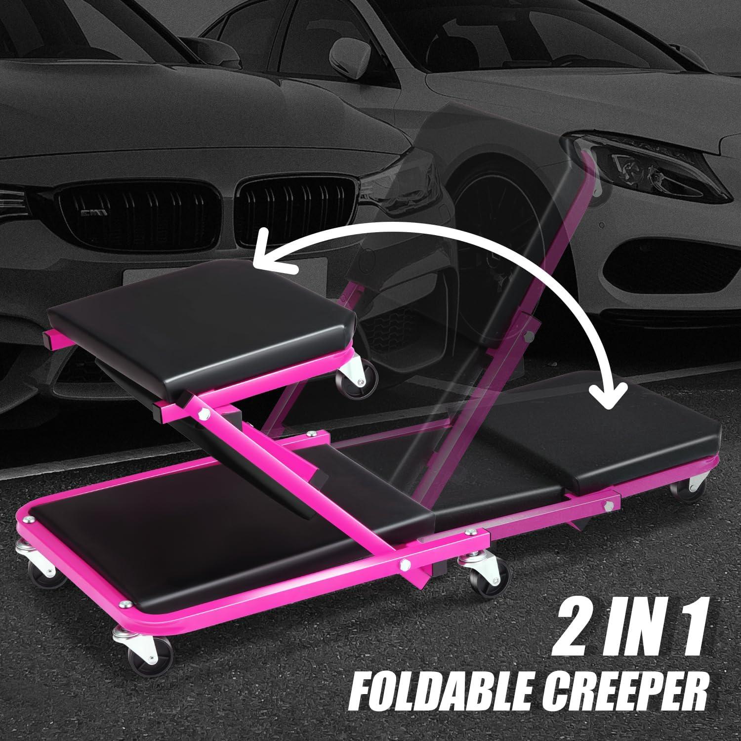 imageDNA Motoring TOOLS00192 48quot 2 IN 1 Folding Rolling Garage Shop Creeper Roller Seat 7 Pcs 2quot Casters 350 Lbs Weight Capacity RedPurple