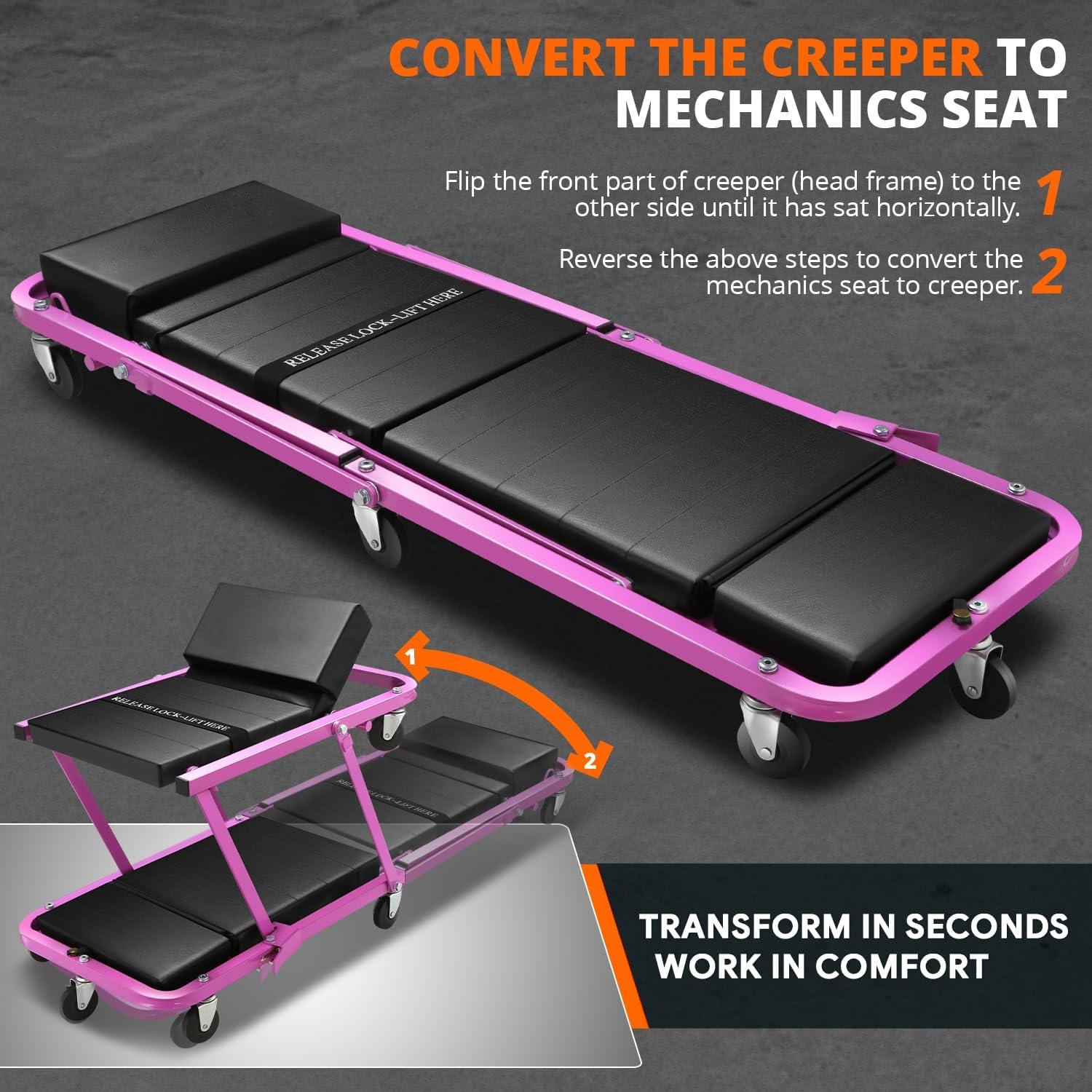 imageDNA Motoring TOOLS00192 48quot 2 IN 1 Folding Rolling Garage Shop Creeper Roller Seat 7 Pcs 2quot Casters 350 Lbs Weight Capacity RedPurple