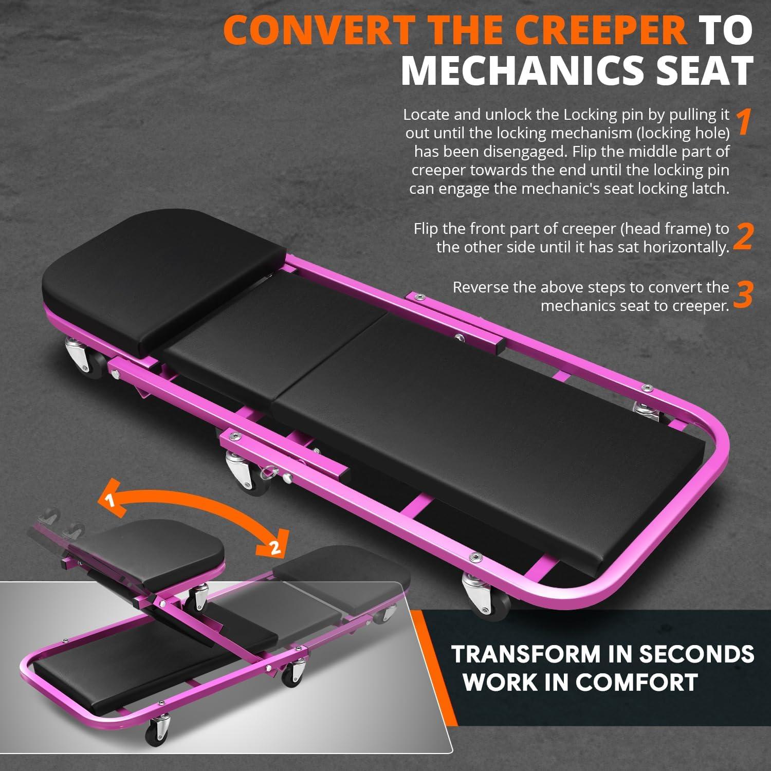 imageDNA Motoring TOOLS00192 48quot 2 IN 1 Folding Rolling Garage Shop Creeper Roller Seat 7 Pcs 2quot Casters 350 Lbs Weight Capacity RedPurple