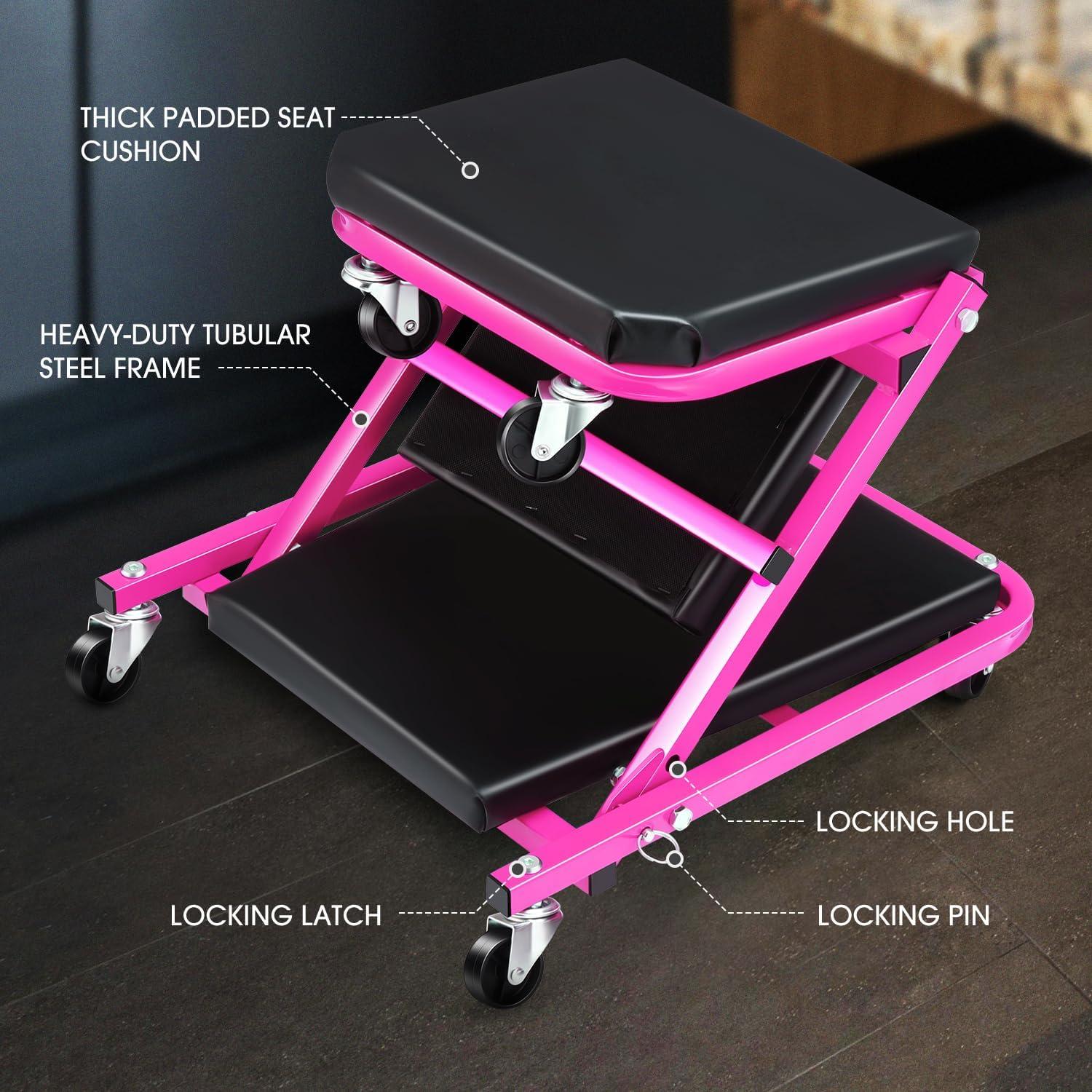 imageDNA Motoring TOOLS00192 48quot 2 IN 1 Folding Rolling Garage Shop Creeper Roller Seat 7 Pcs 2quot Casters 350 Lbs Weight Capacity RedPurple