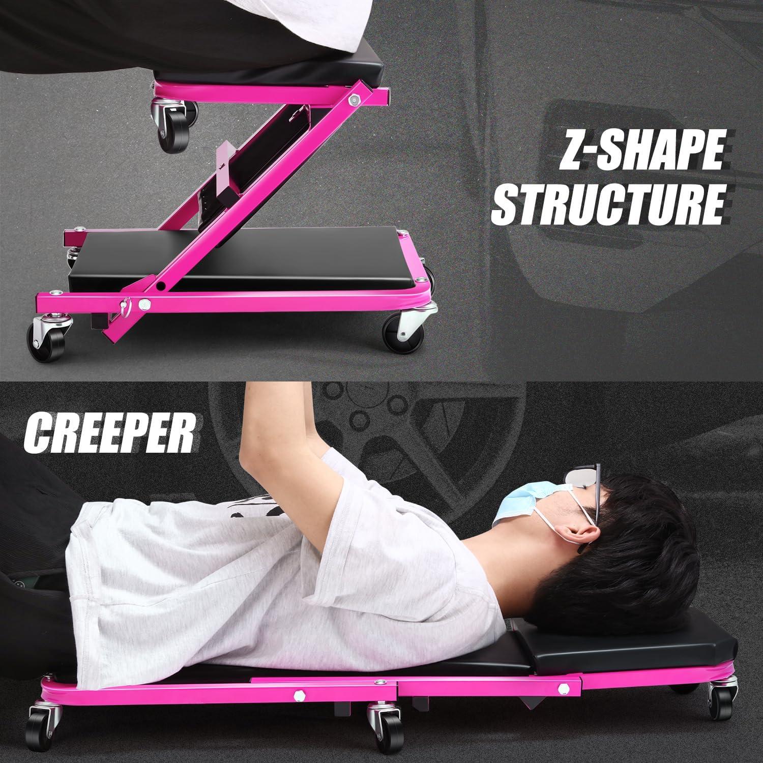 imageDNA Motoring TOOLS00192 48quot 2 IN 1 Folding Rolling Garage Shop Creeper Roller Seat 7 Pcs 2quot Casters 350 Lbs Weight Capacity RedPurple