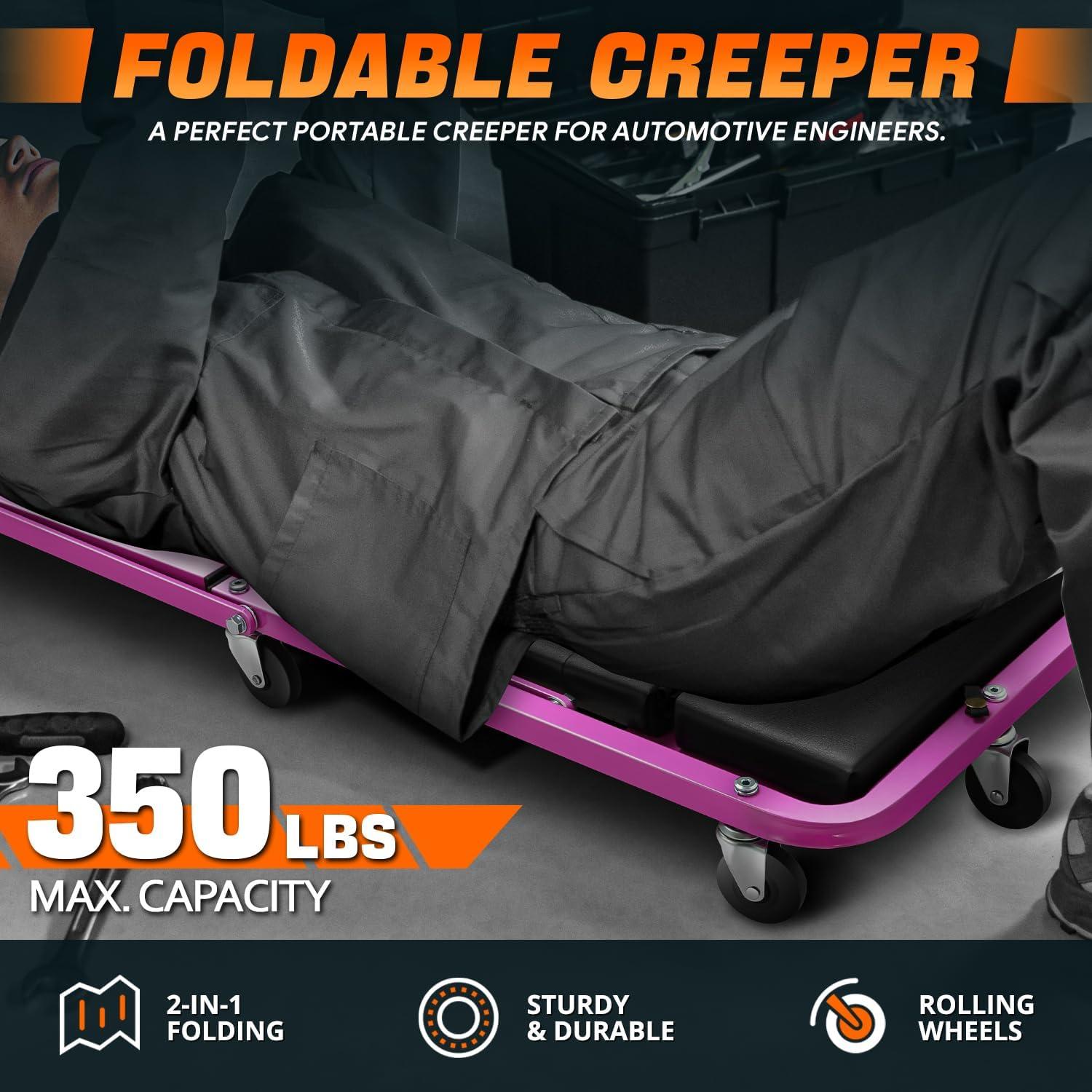 imageDNA Motoring TOOLS00192 48quot 2 IN 1 Folding Rolling Garage Shop Creeper Roller Seat 7 Pcs 2quot Casters 350 Lbs Weight Capacity RedPurple