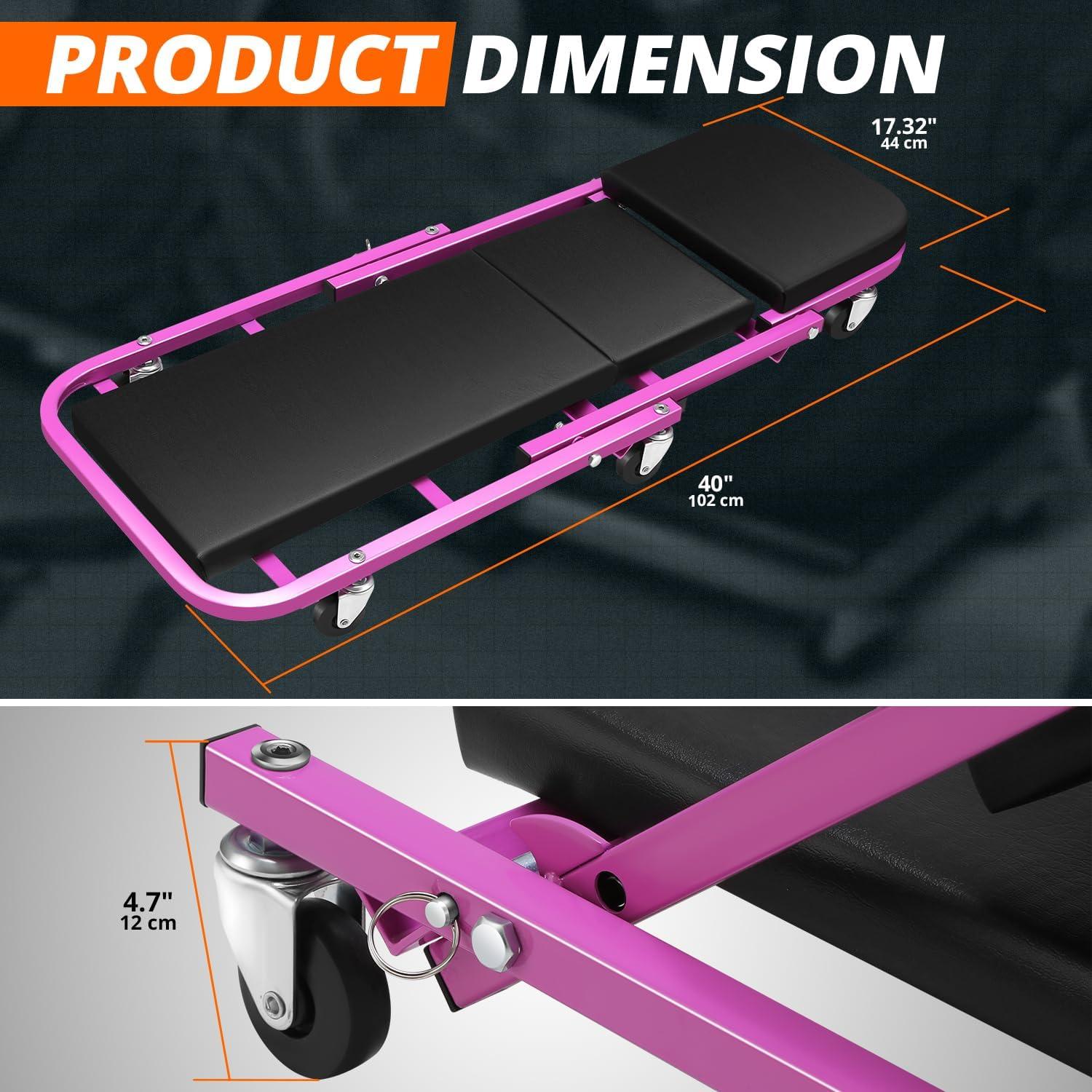 imageDNA Motoring TOOLS00192 48quot 2 IN 1 Folding Rolling Garage Shop Creeper Roller Seat 7 Pcs 2quot Casters 350 Lbs Weight Capacity RedPurple