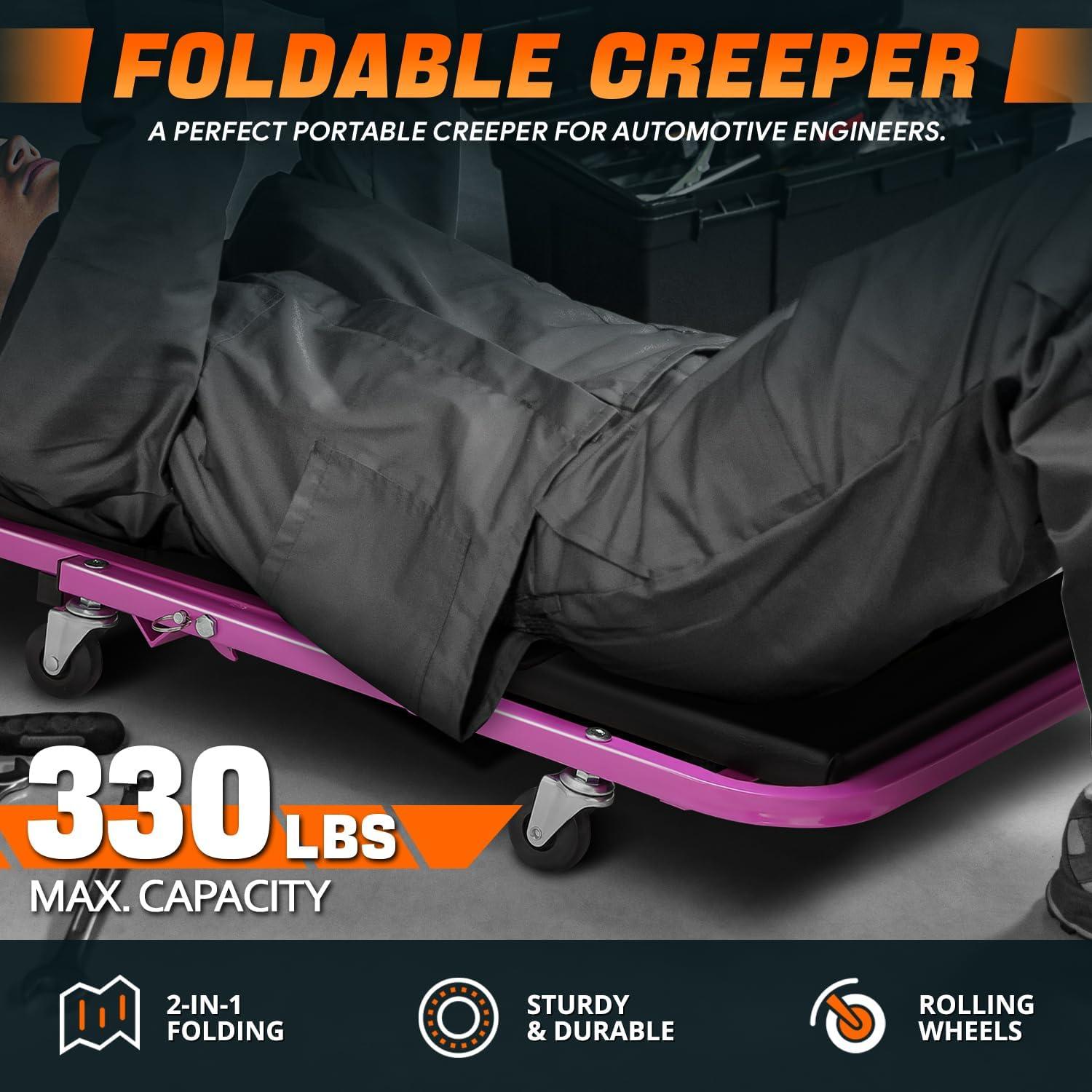 imageDNA Motoring TOOLS00192 48quot 2 IN 1 Folding Rolling Garage Shop Creeper Roller Seat 7 Pcs 2quot Casters 350 Lbs Weight Capacity RedPurple