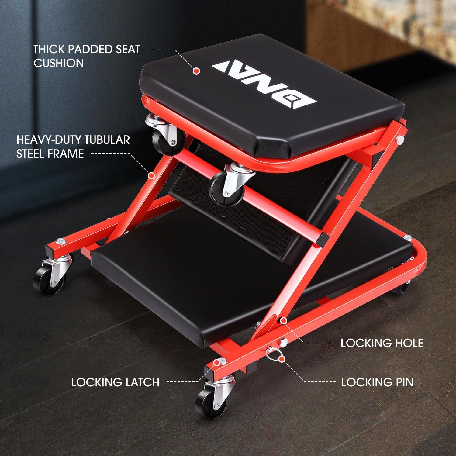 imageDNA Motoring TOOLS00192 48quot 2 IN 1 Folding Rolling Garage Shop Creeper Roller Seat 7 Pcs 2quot Casters 350 Lbs Weight Capacity RedRed