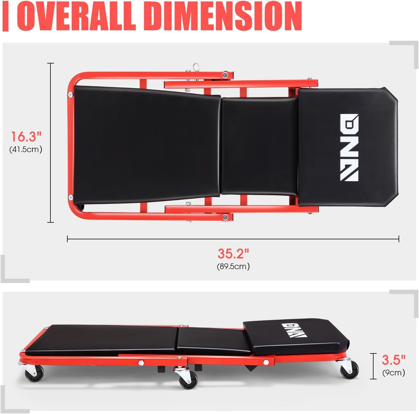 imageDNA Motoring TOOLS00192 48quot 2 IN 1 Folding Rolling Garage Shop Creeper Roller Seat 7 Pcs 2quot Casters 350 Lbs Weight Capacity RedRed