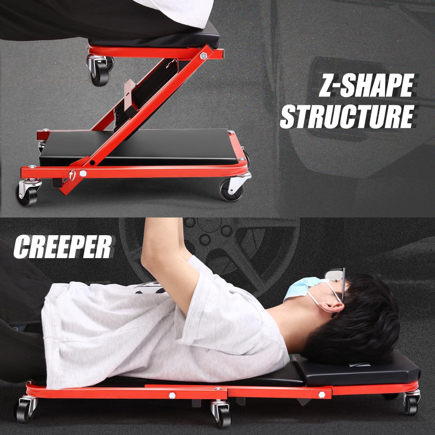 imageDNA Motoring TOOLS00192 48quot 2 IN 1 Folding Rolling Garage Shop Creeper Roller Seat 7 Pcs 2quot Casters 350 Lbs Weight Capacity RedRed