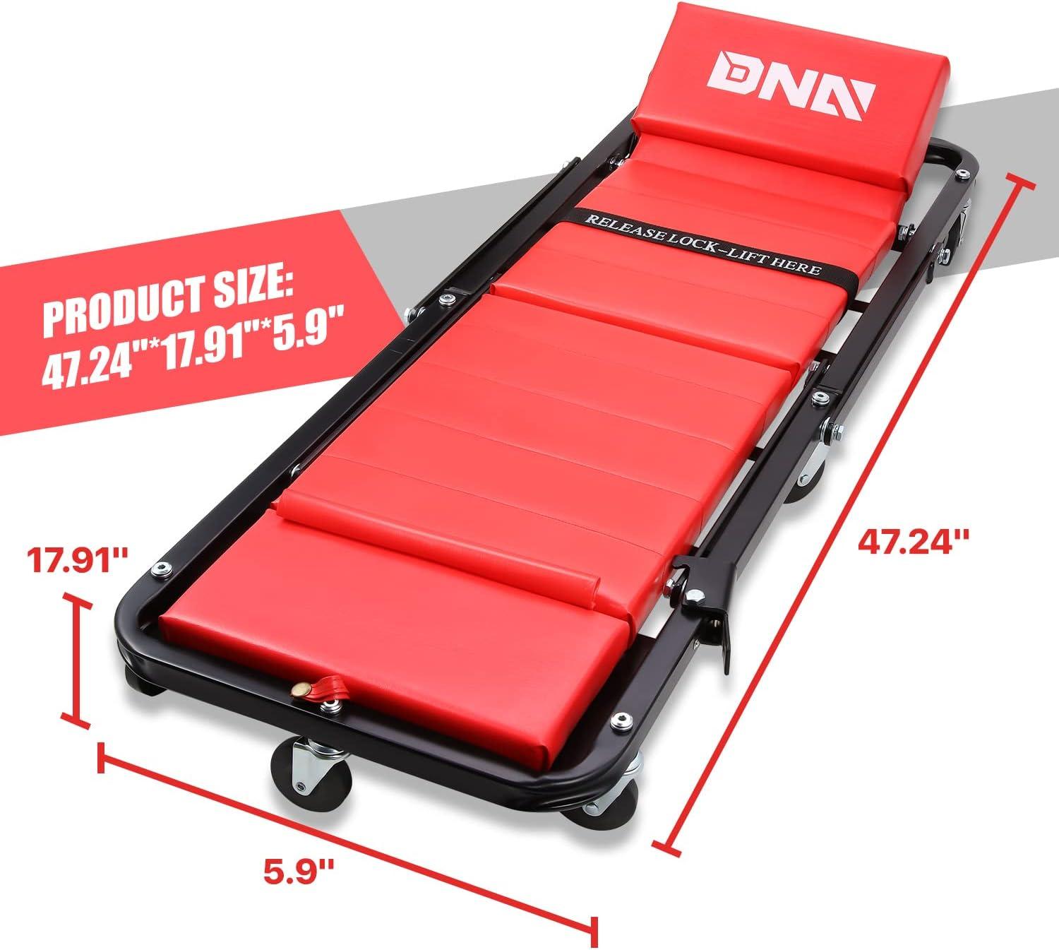 imageDNA Motoring TOOLS00192 48quot 2 IN 1 Folding Rolling Garage Shop Creeper Roller Seat 7 Pcs 2quot Casters 350 Lbs Weight Capacity RedRed