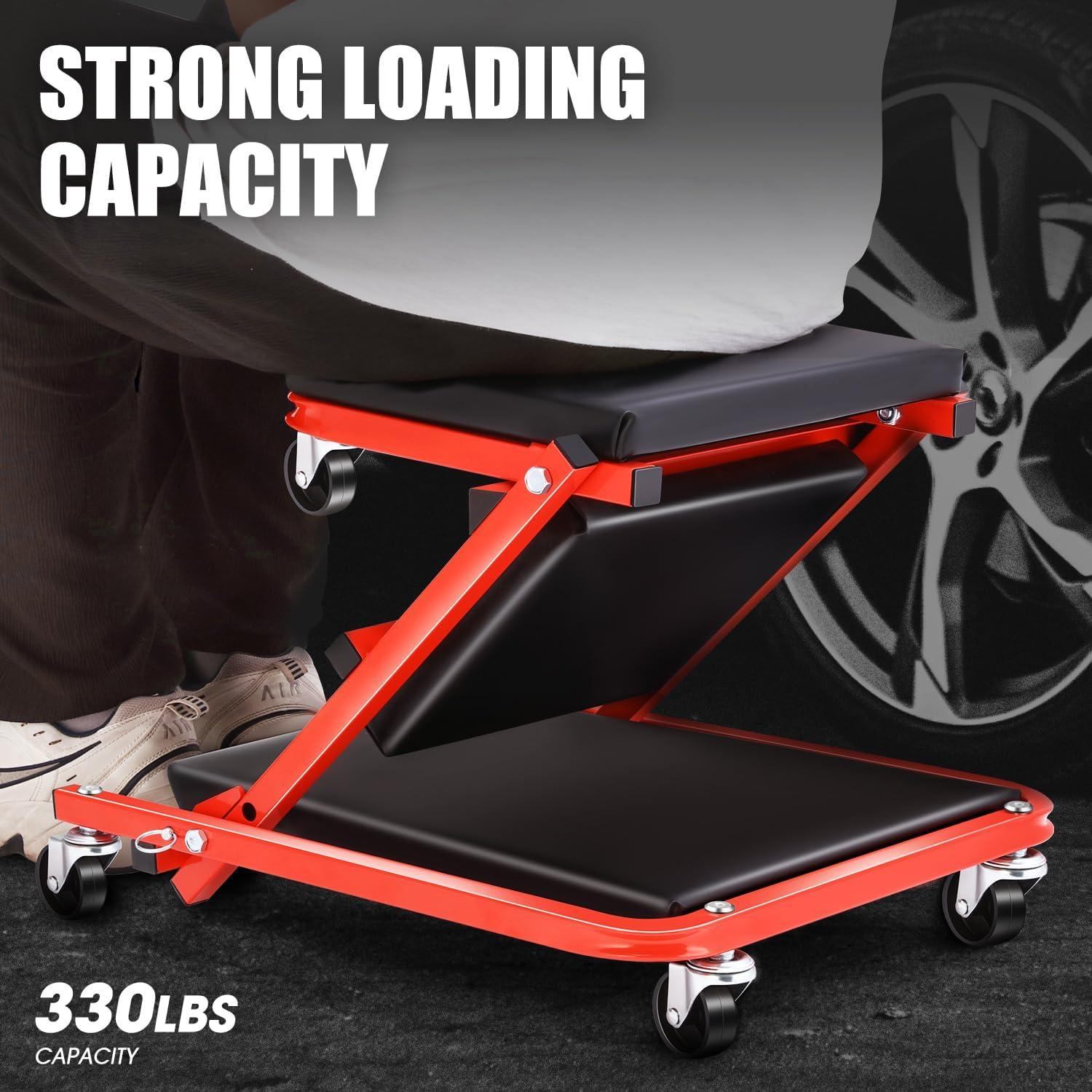 imageDNA Motoring TOOLS00192 48quot 2 IN 1 Folding Rolling Garage Shop Creeper Roller Seat 7 Pcs 2quot Casters 350 Lbs Weight Capacity RedRed