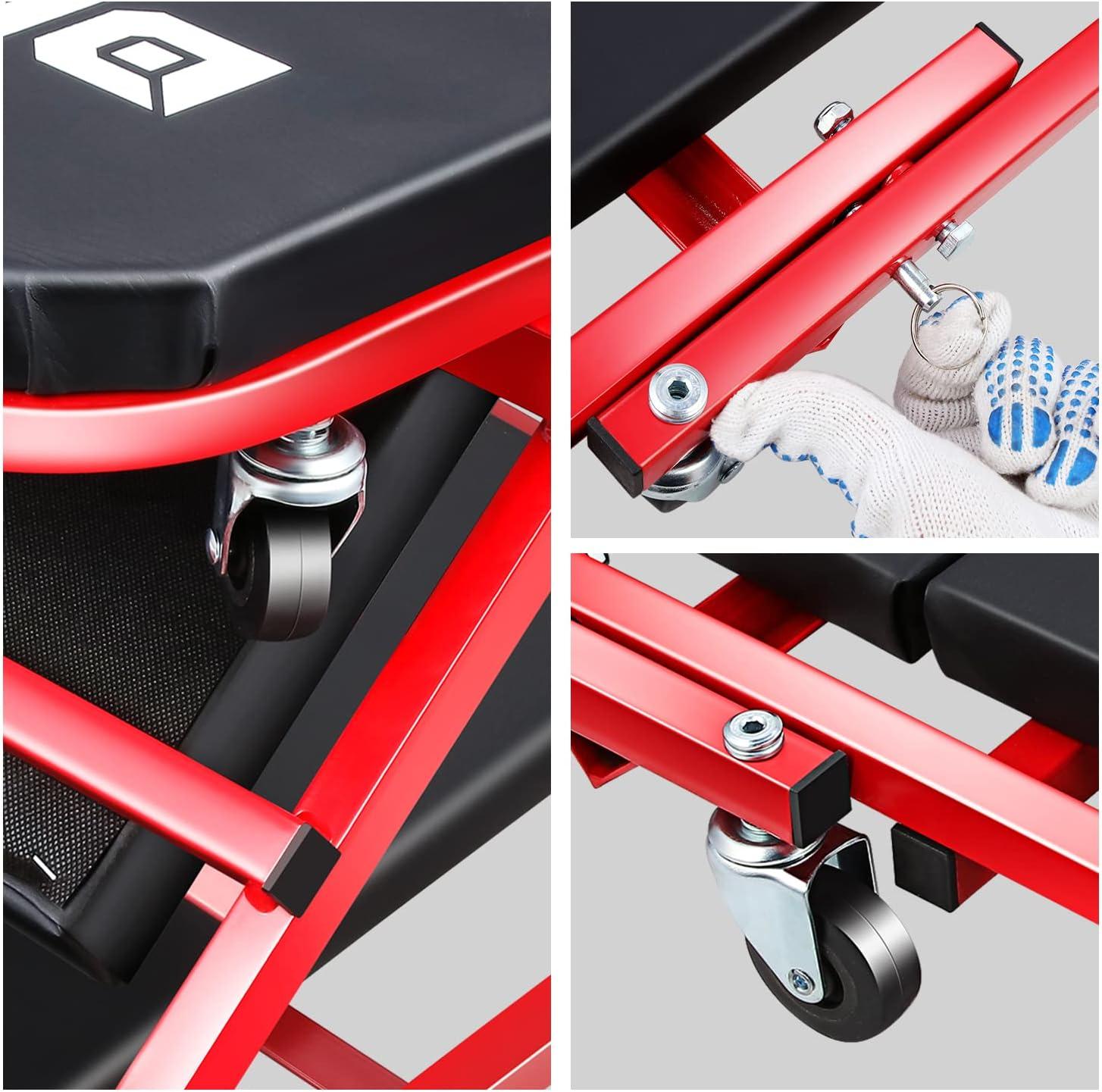 imageDNA Motoring TOOLS00192 48quot 2 IN 1 Folding Rolling Garage Shop Creeper Roller Seat 7 Pcs 2quot Casters 350 Lbs Weight Capacity RedRed