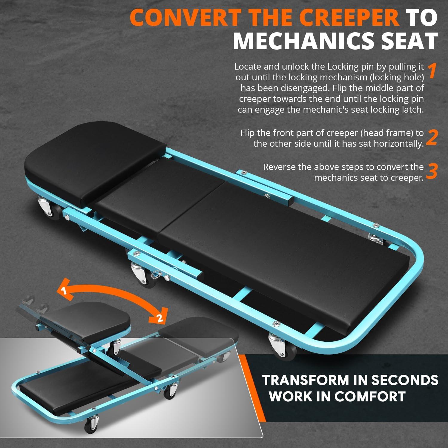 imageDNA Motoring TOOLS00192 48quot 2 IN 1 Folding Rolling Garage Shop Creeper Roller Seat 7 Pcs 2quot Casters 350 Lbs Weight Capacity RedTiffany Blue