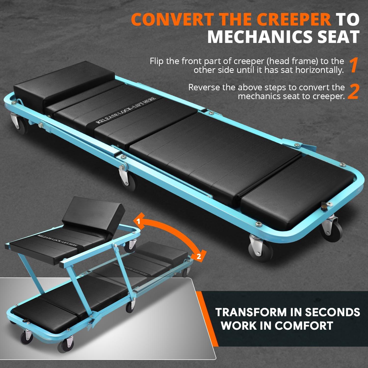 imageDNA Motoring TOOLS00192 48quot 2 IN 1 Folding Rolling Garage Shop Creeper Roller Seat 7 Pcs 2quot Casters 350 Lbs Weight Capacity RedTiffany Blue