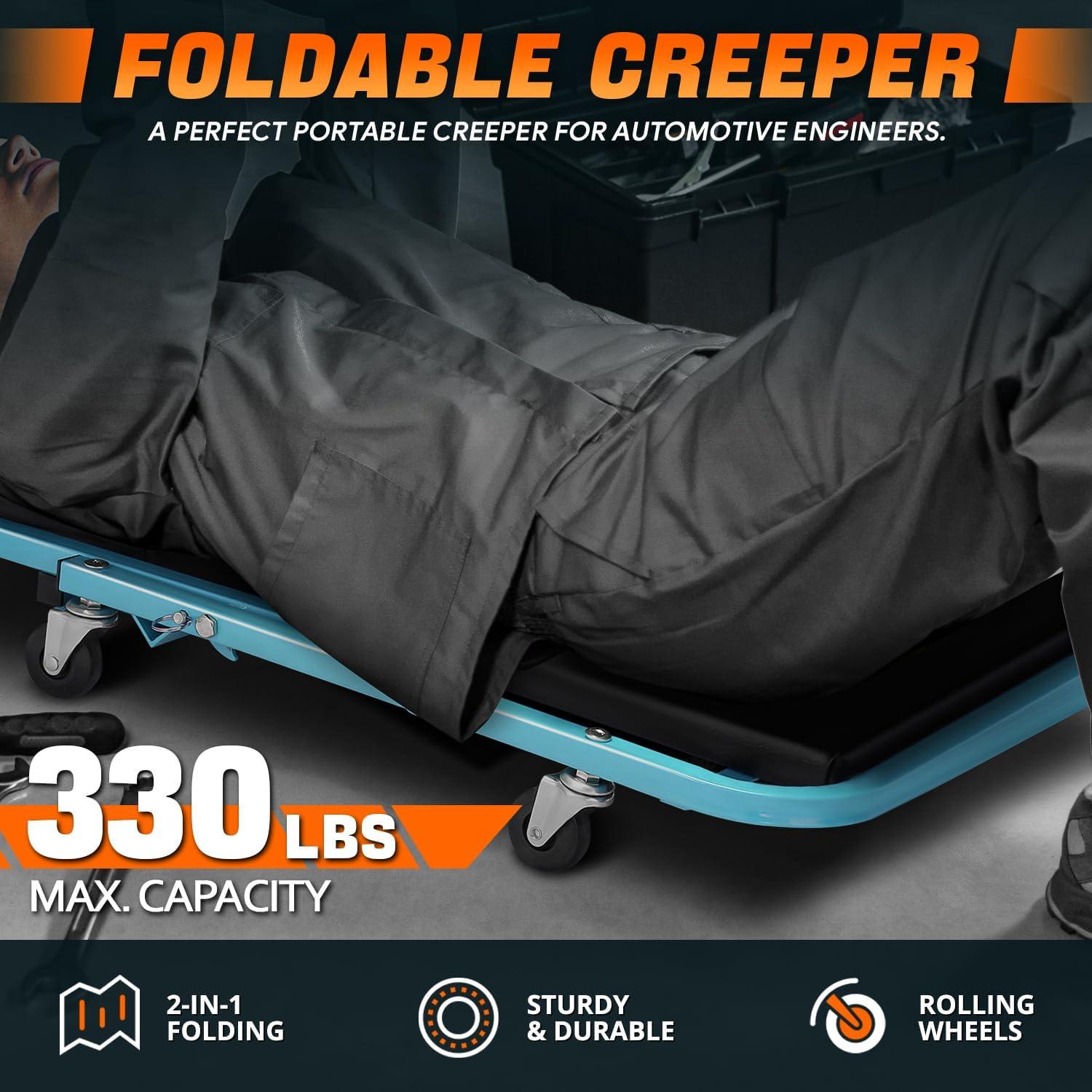 imageDNA Motoring TOOLS00192 48quot 2 IN 1 Folding Rolling Garage Shop Creeper Roller Seat 7 Pcs 2quot Casters 350 Lbs Weight Capacity RedTiffany Blue