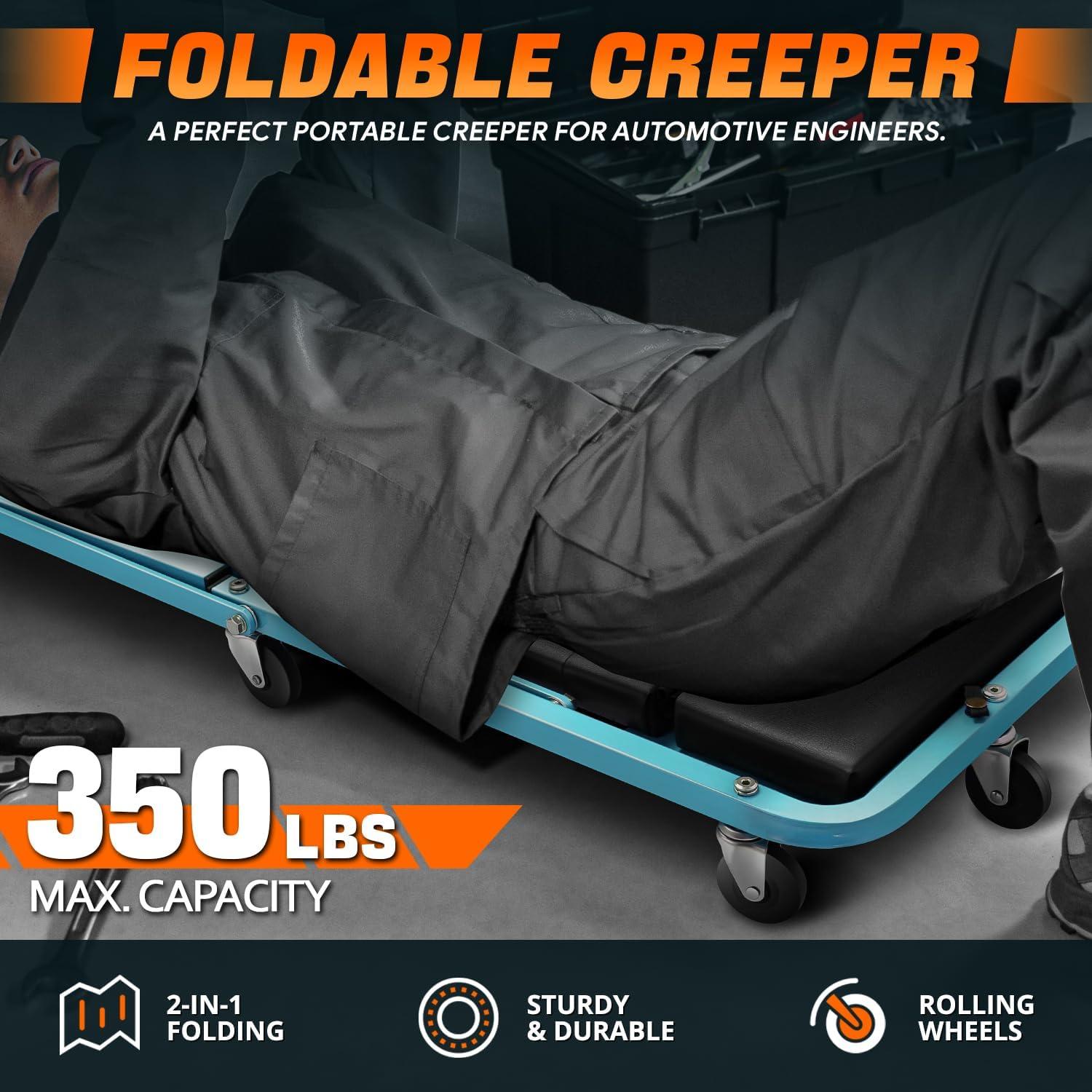 imageDNA Motoring TOOLS00192 48quot 2 IN 1 Folding Rolling Garage Shop Creeper Roller Seat 7 Pcs 2quot Casters 350 Lbs Weight Capacity RedTiffany Blue