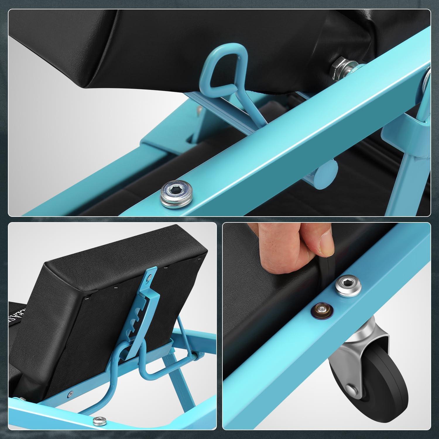 imageDNA Motoring TOOLS00192 48quot 2 IN 1 Folding Rolling Garage Shop Creeper Roller Seat 7 Pcs 2quot Casters 350 Lbs Weight Capacity RedTiffany Blue