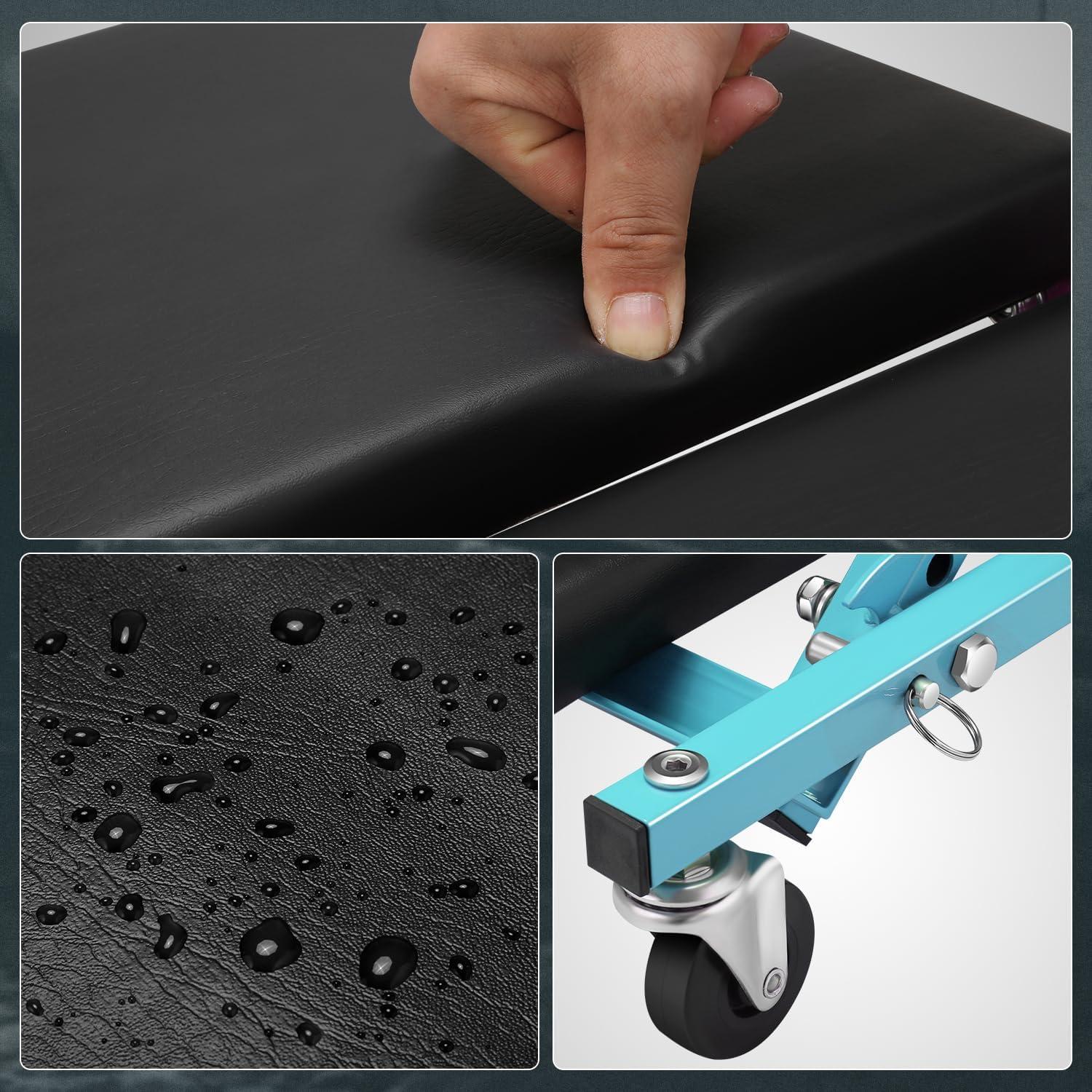 imageDNA Motoring TOOLS00192 48quot 2 IN 1 Folding Rolling Garage Shop Creeper Roller Seat 7 Pcs 2quot Casters 350 Lbs Weight Capacity RedTiffany Blue