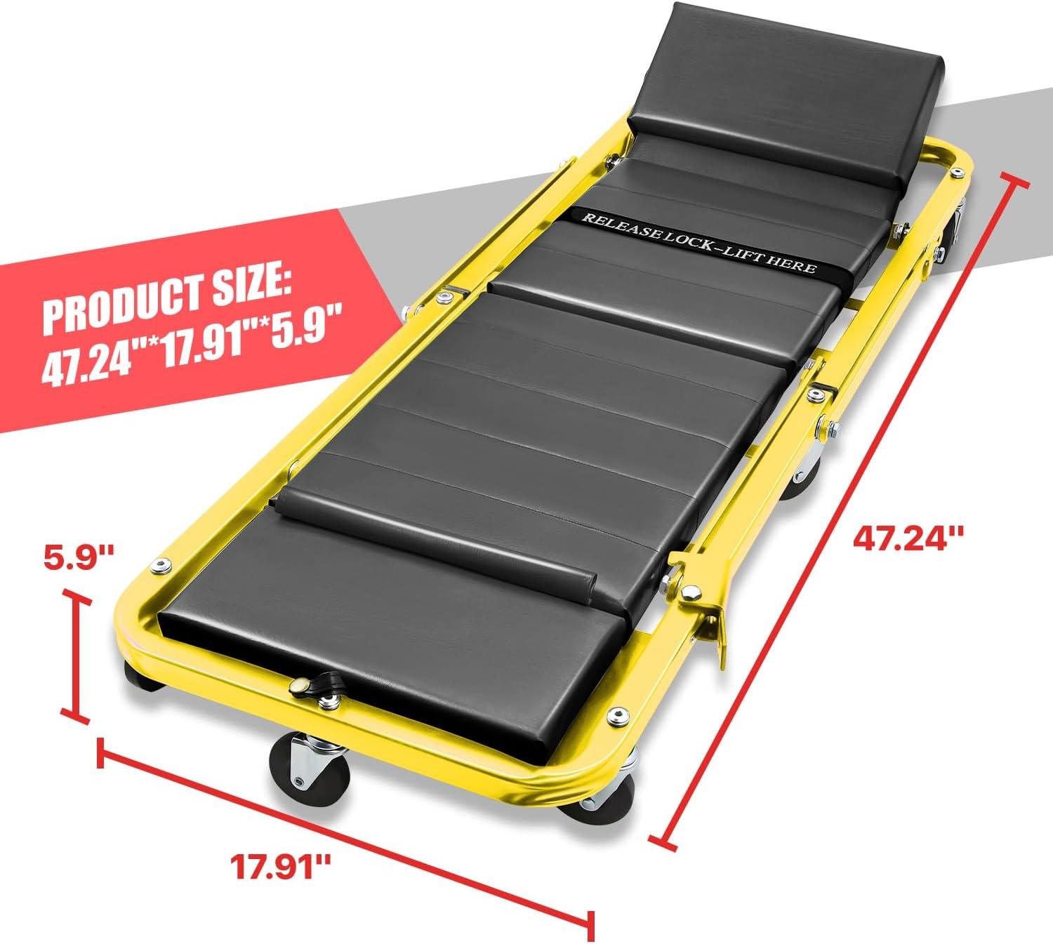 imageDNA Motoring TOOLS00192 48quot 2 IN 1 Folding Rolling Garage Shop Creeper Roller Seat 7 Pcs 2quot Casters 350 Lbs Weight Capacity RedYellow
