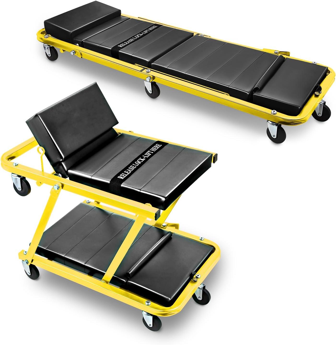 imageDNA Motoring TOOLS00192 48quot 2 IN 1 Folding Rolling Garage Shop Creeper Roller Seat 7 Pcs 2quot Casters 350 Lbs Weight Capacity RedYellow