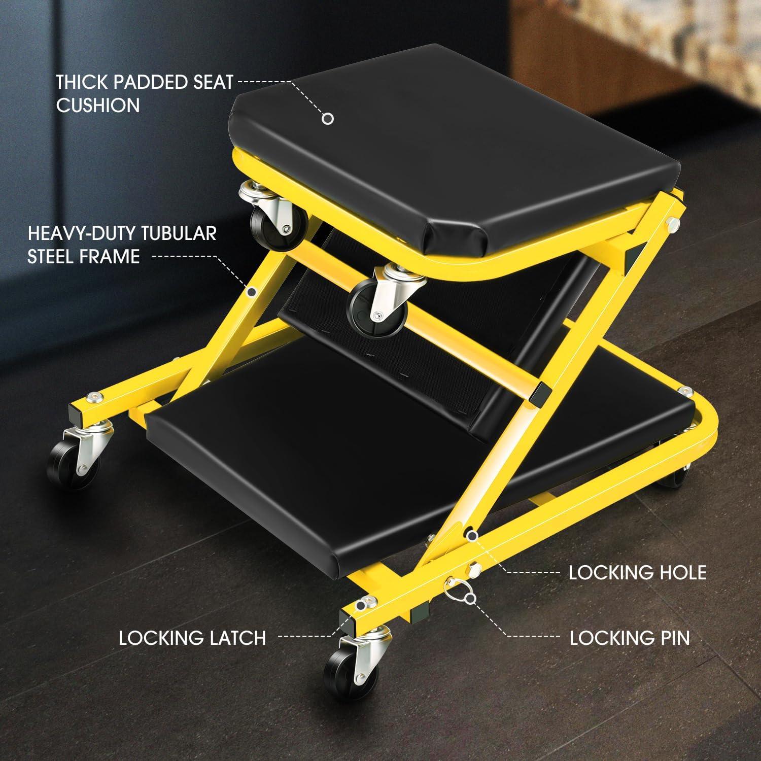 imageDNA Motoring TOOLS00192 48quot 2 IN 1 Folding Rolling Garage Shop Creeper Roller Seat 7 Pcs 2quot Casters 350 Lbs Weight Capacity RedYellow