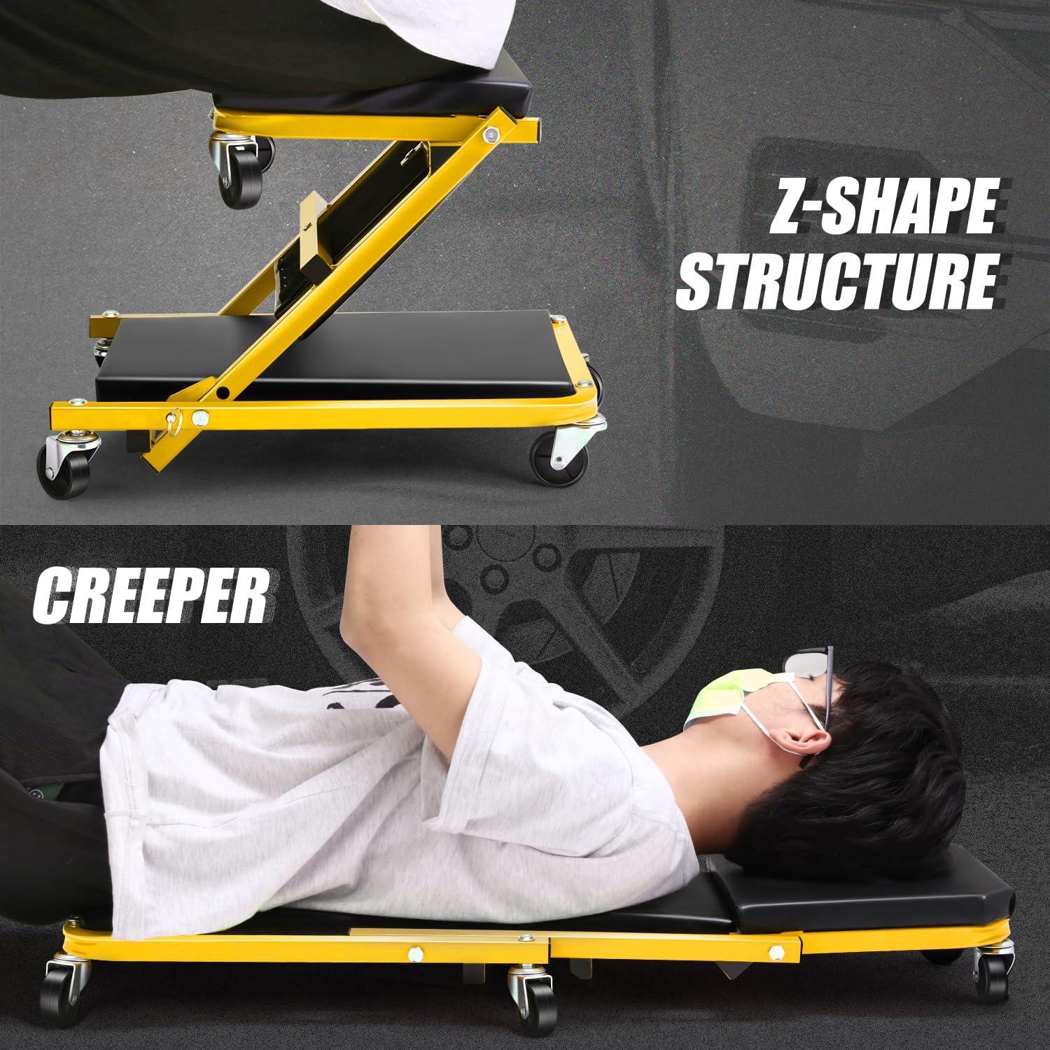 imageDNA Motoring TOOLS00192 48quot 2 IN 1 Folding Rolling Garage Shop Creeper Roller Seat 7 Pcs 2quot Casters 350 Lbs Weight Capacity RedYellow