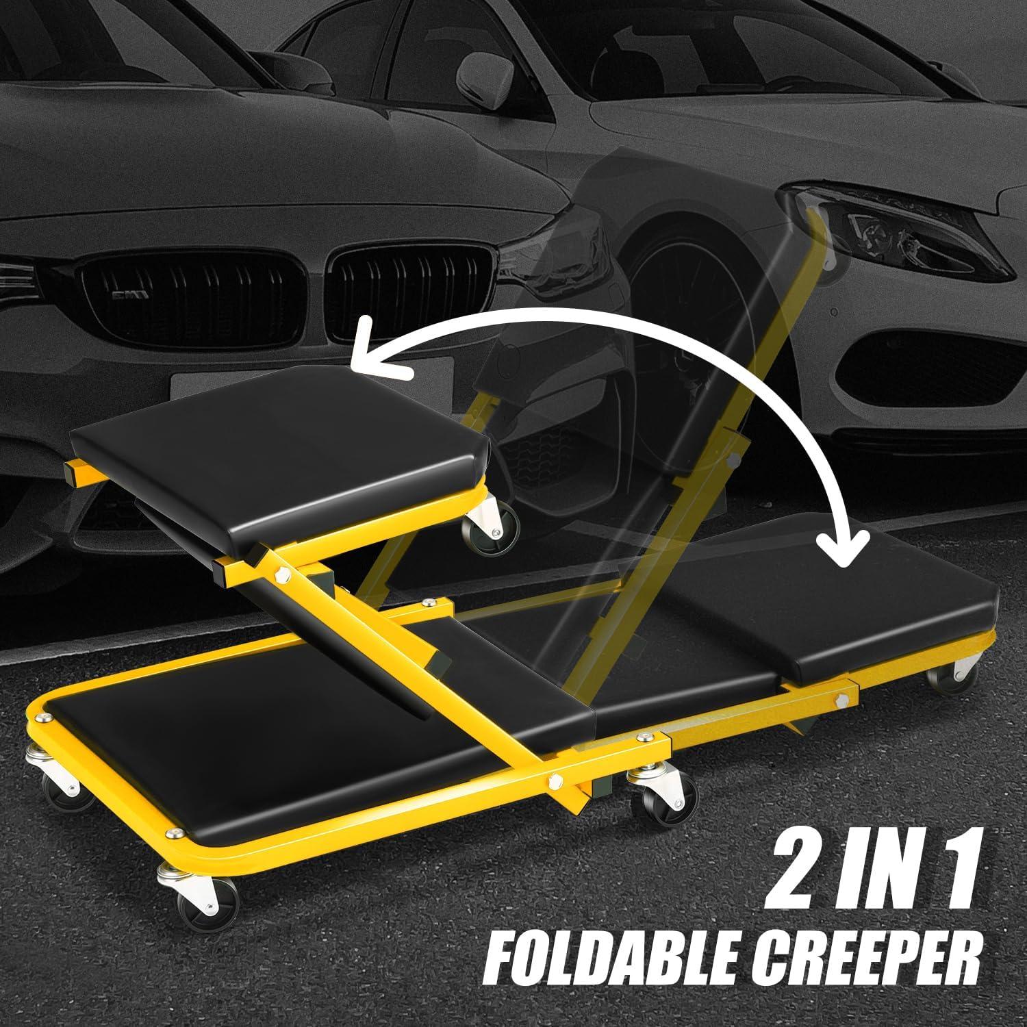 imageDNA Motoring TOOLS00192 48quot 2 IN 1 Folding Rolling Garage Shop Creeper Roller Seat 7 Pcs 2quot Casters 350 Lbs Weight Capacity RedYellow