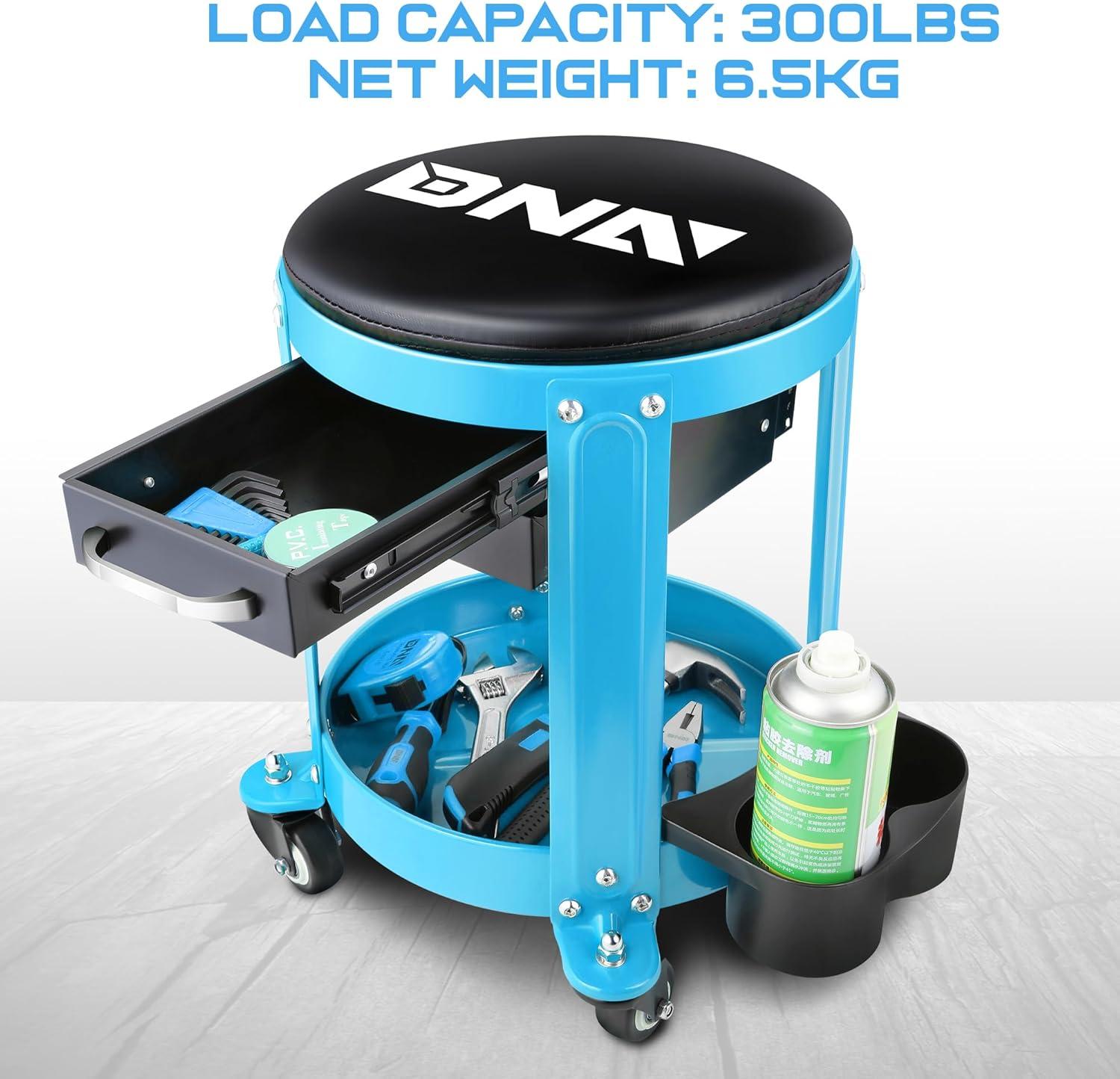 imageDNA Motoring TOOLS00197 Round Mechanics Roller Seat Creeper Stool With Padded Cushion Tool Storage Drawer ampamp Tray 300 Lbs Max Weight CapacityBlue