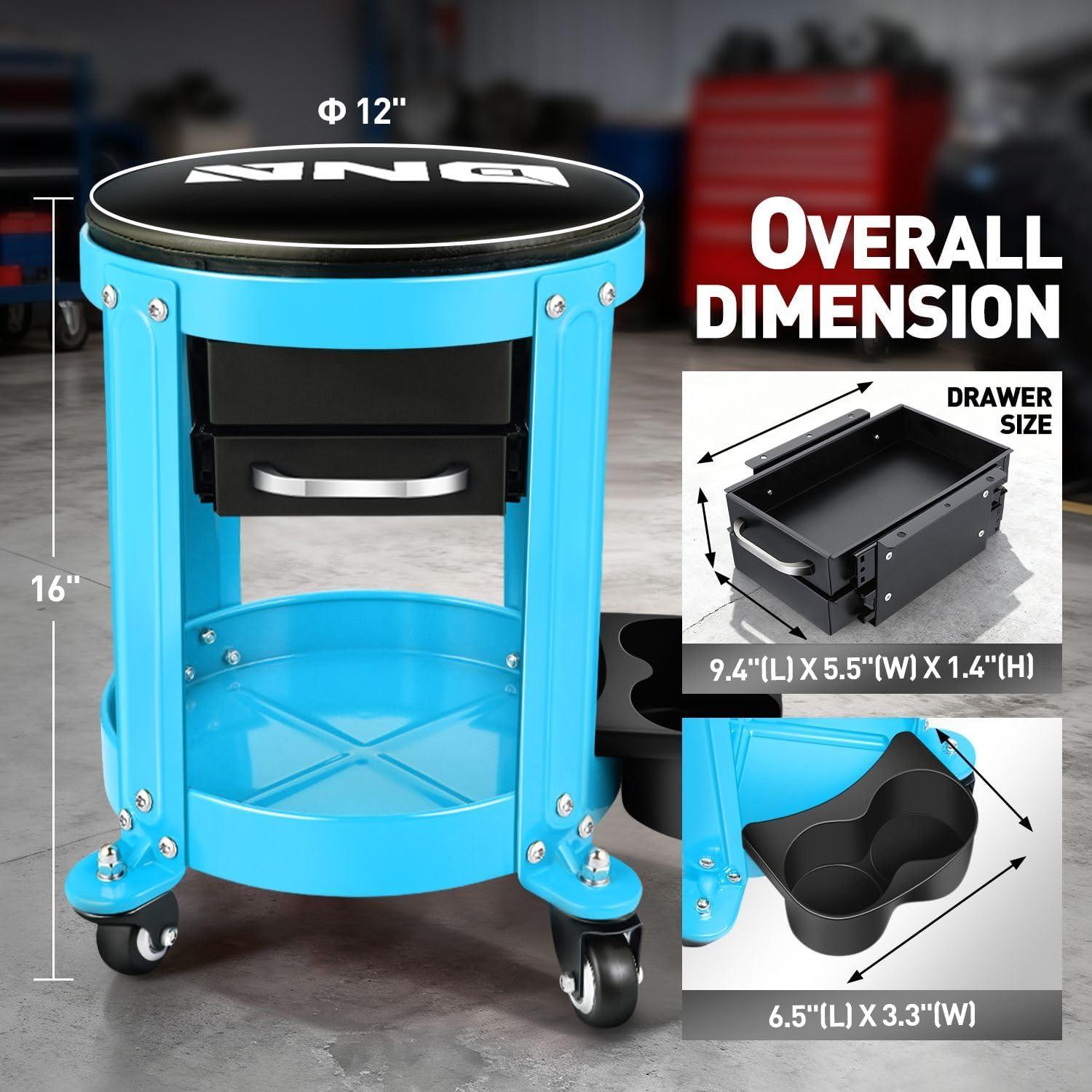 imageDNA Motoring TOOLS00197 Round Mechanics Roller Seat Creeper Stool With Padded Cushion Tool Storage Drawer ampamp Tray 300 Lbs Max Weight CapacityBlue