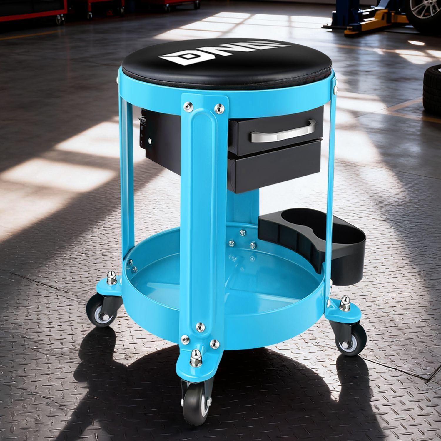 imageDNA Motoring TOOLS00197 Round Mechanics Roller Seat Creeper Stool With Padded Cushion Tool Storage Drawer ampamp Tray 300 Lbs Max Weight CapacityBlue