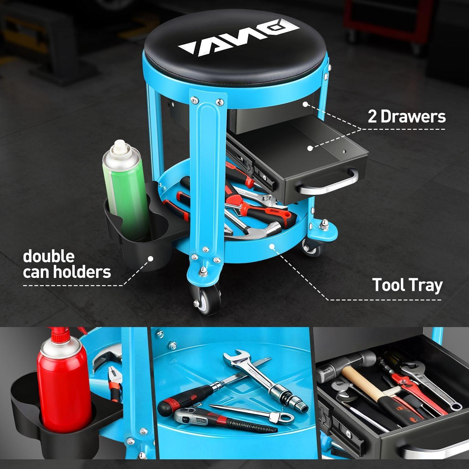 imageDNA Motoring TOOLS00197 Round Mechanics Roller Seat Creeper Stool With Padded Cushion Tool Storage Drawer ampamp Tray 300 Lbs Max Weight CapacityBlue